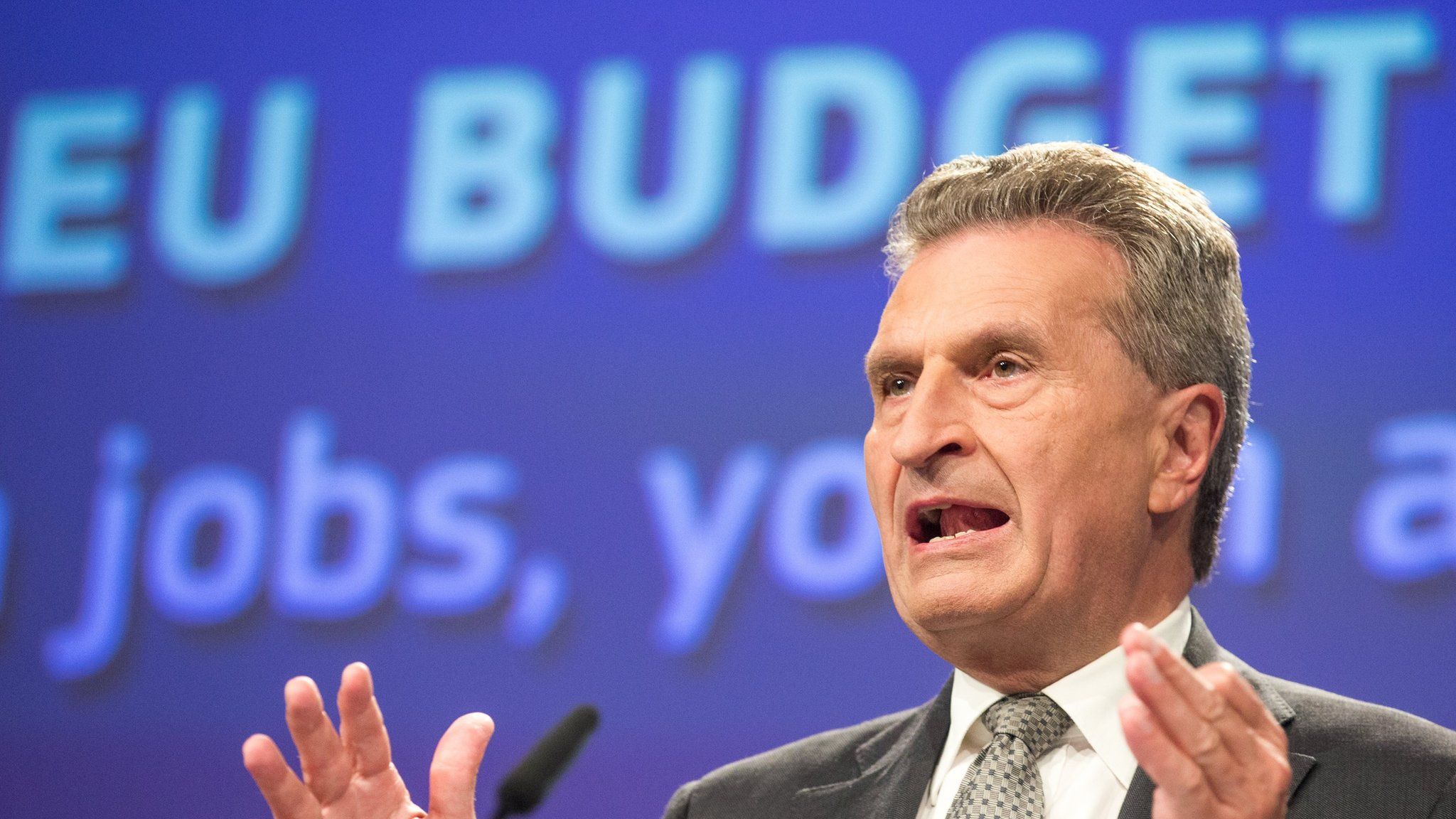 EU budget commissioner Guenther Oettinger holds a press conference at the EU Commission in Brussels, Belgium, on 30 May 2017