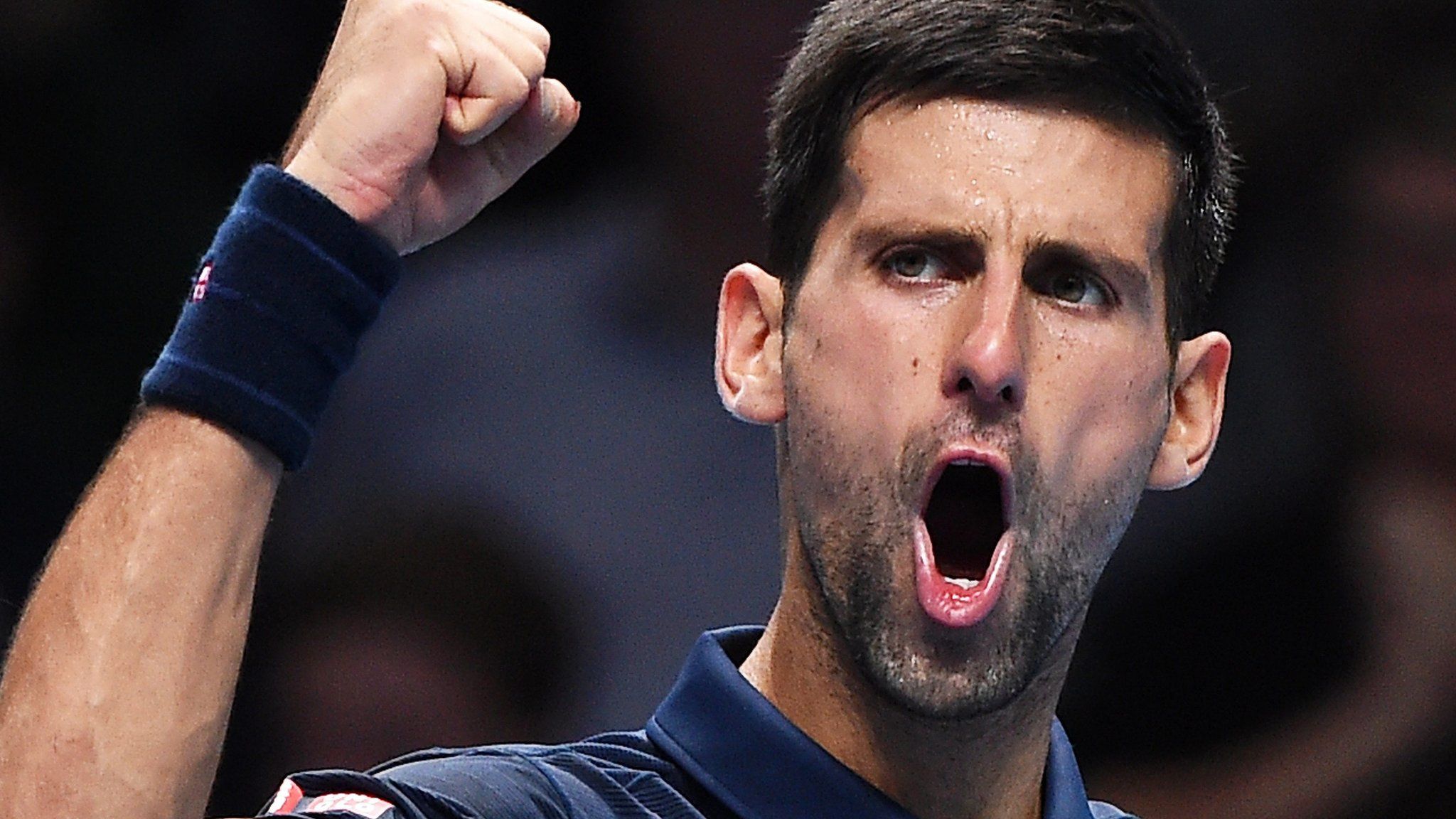 Novak Djokovic celebrates beating Dominic Thiem at the ATP World Tour Fianls