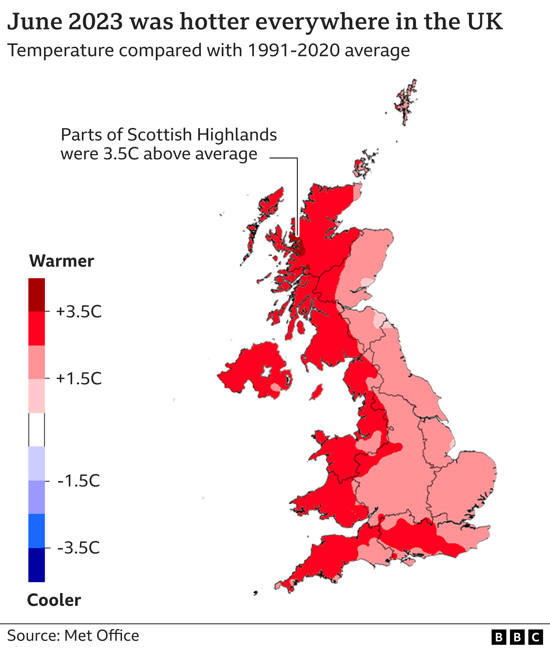 Карта, показывающая температурные рекорды, побитые в Великобритании в июне