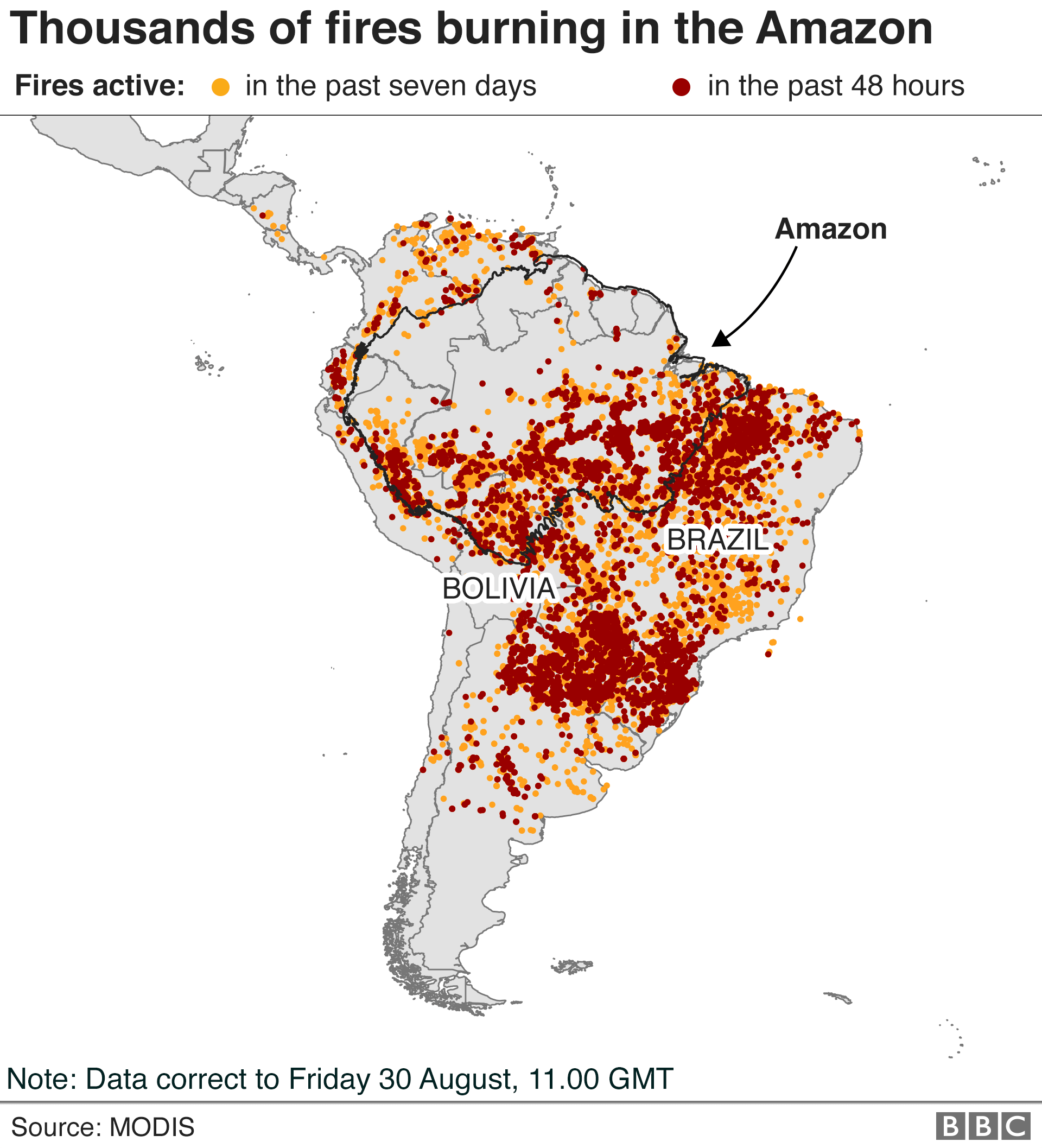 Map showing active fires in South America