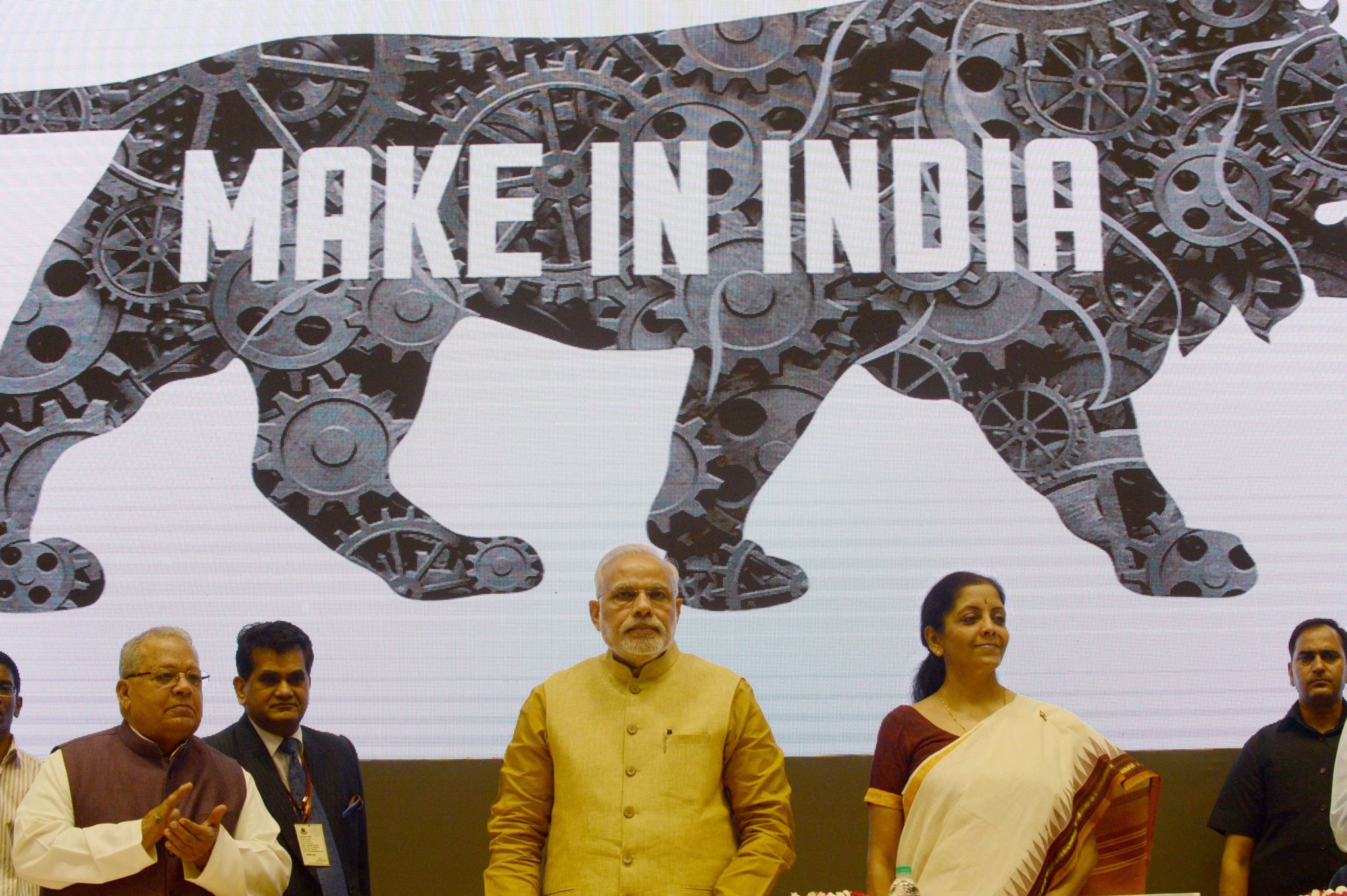 Indian Prime Minister Narendra Modi launches the 'Make In India' project.