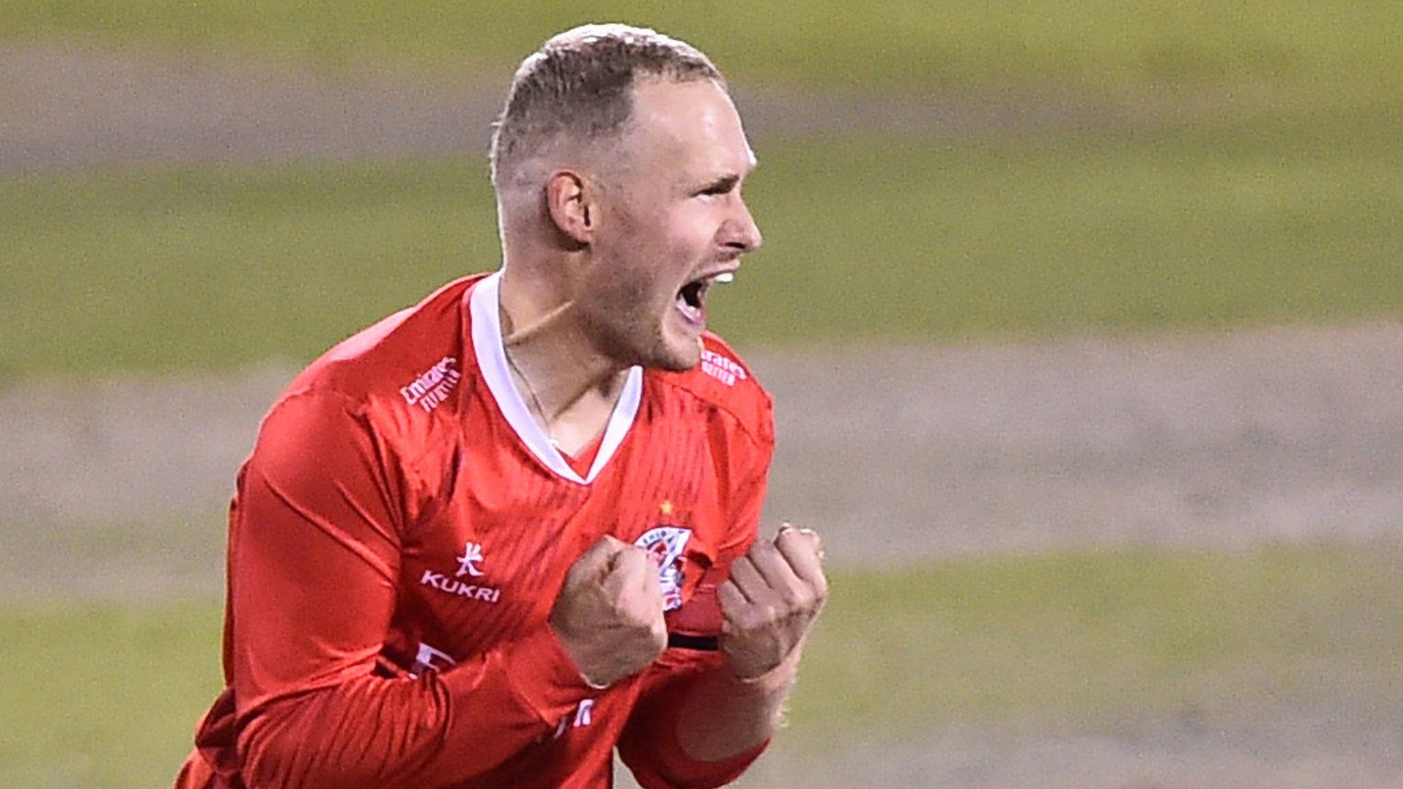 Matthew Parkinson celebrates a wicket for Lancashire