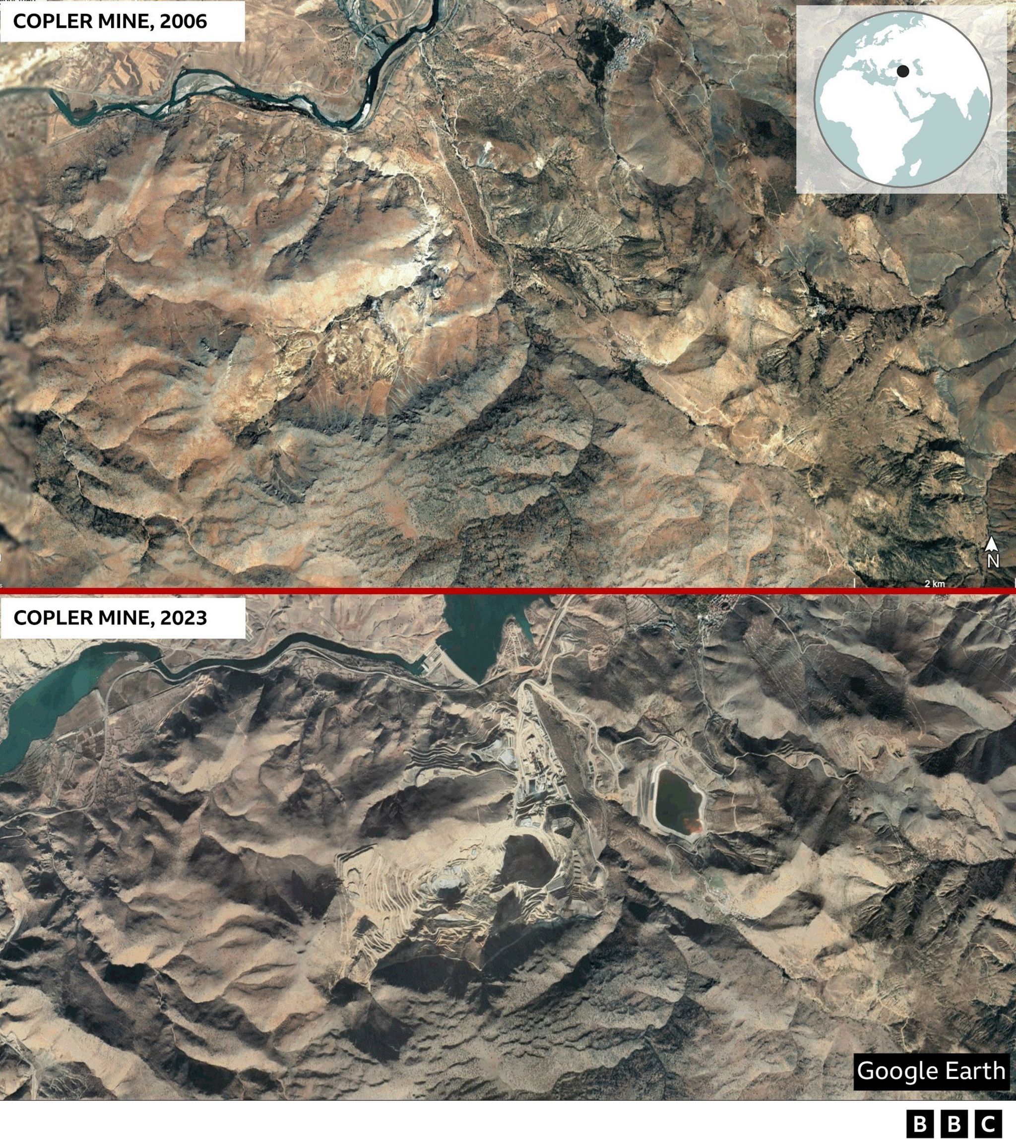 Satellite image of mine in 2006 and 2023