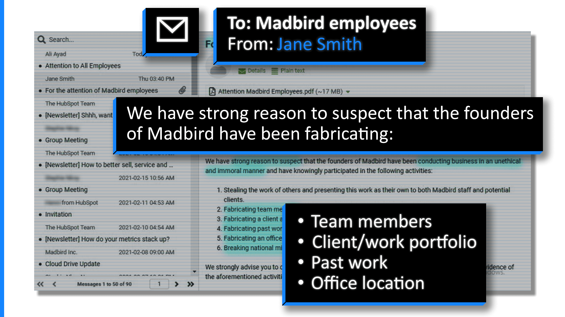 Details of the email from "Jane Smith" to all Madbird employees
