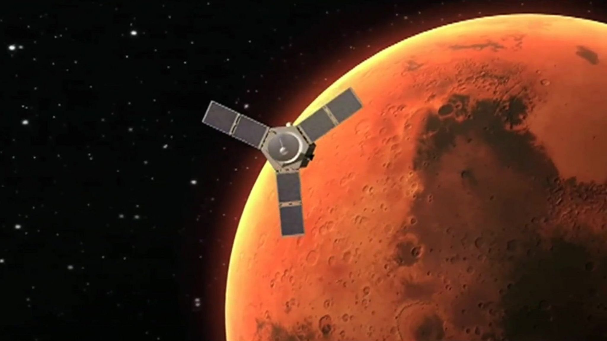 Animation still of UAE's satellite and Mars