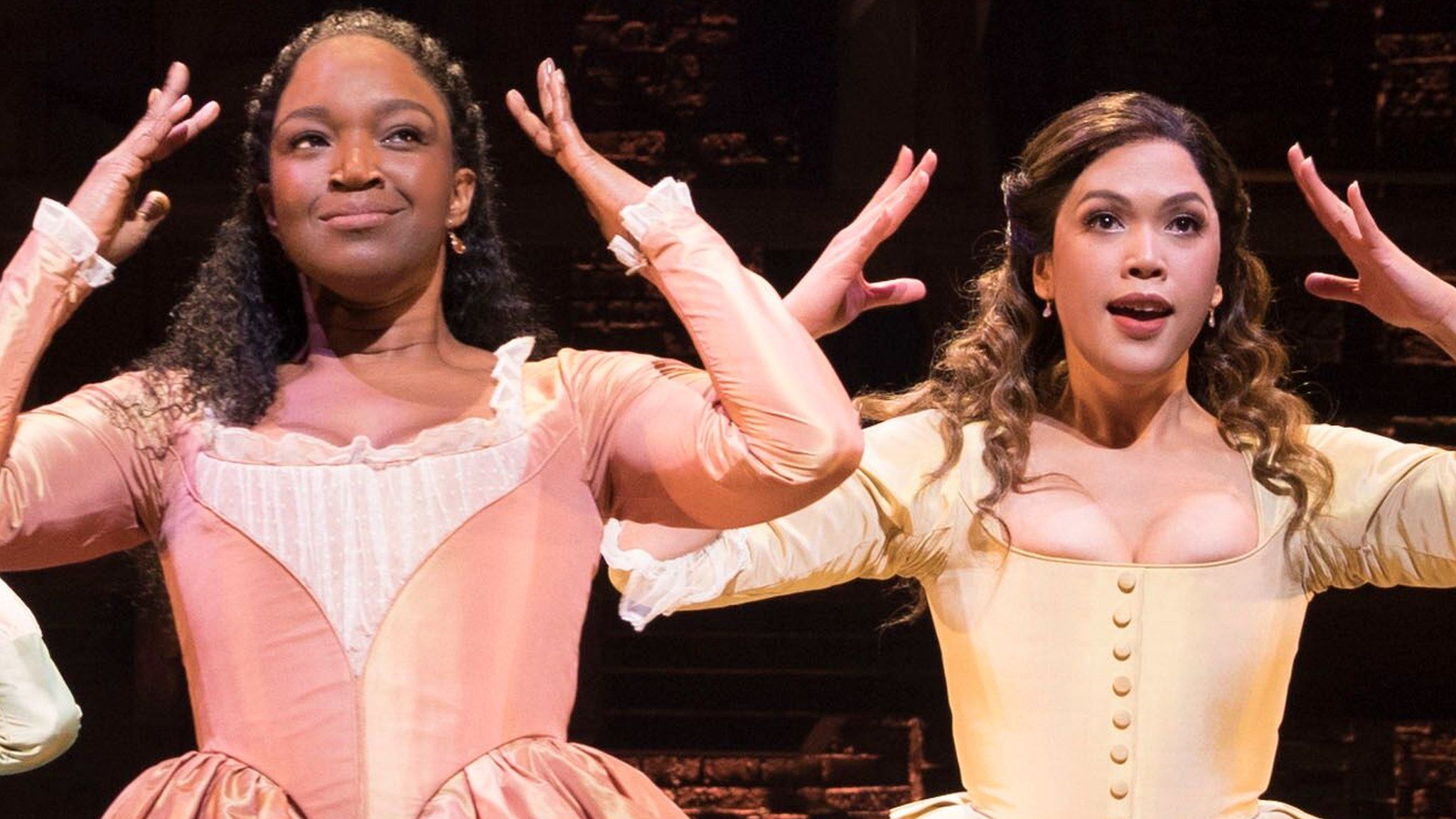 Rachel John and Christine Allado play two of "the Schuyler sisters"