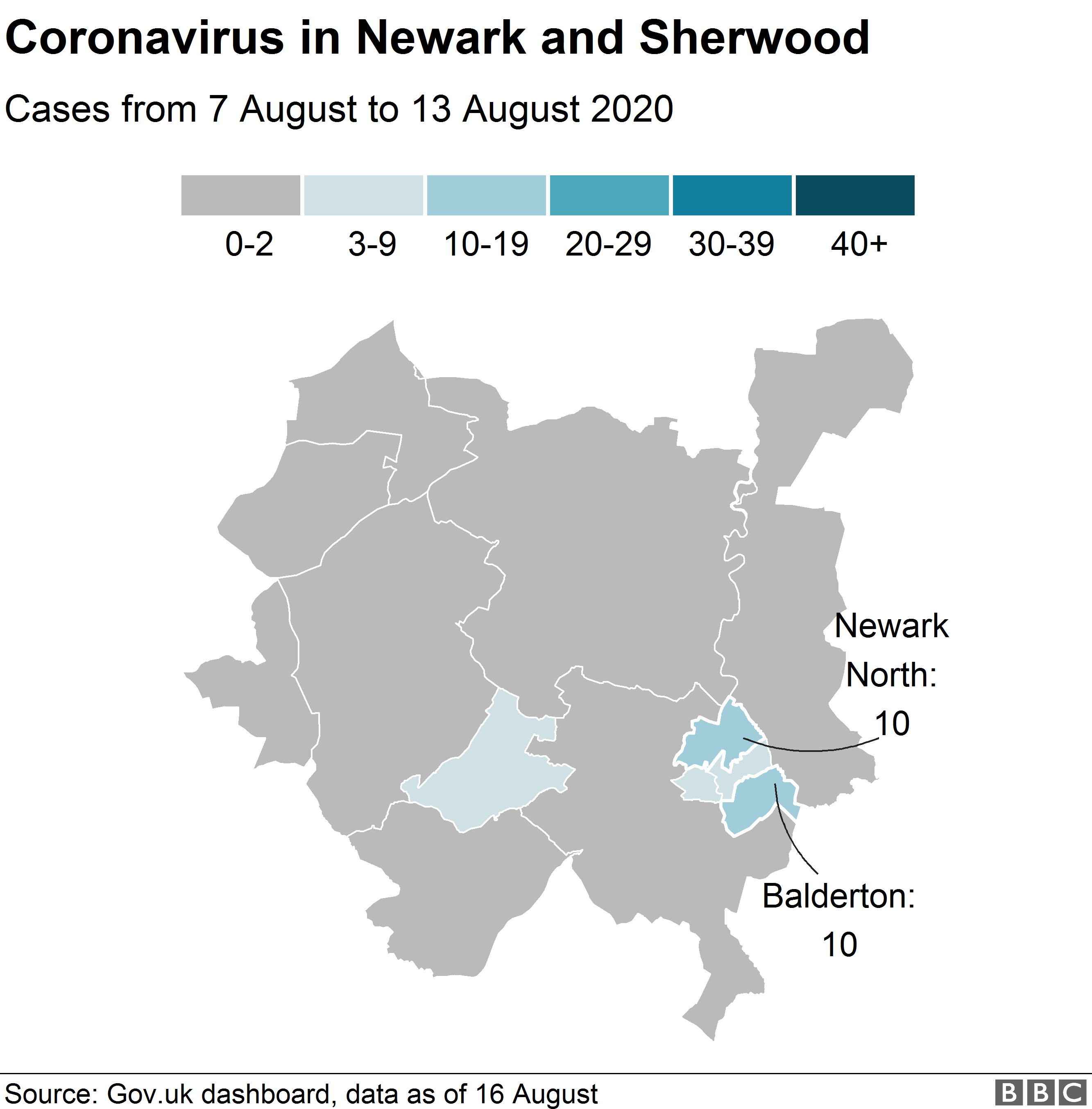 Map showing coronavirus cases in Newark and Sherwood