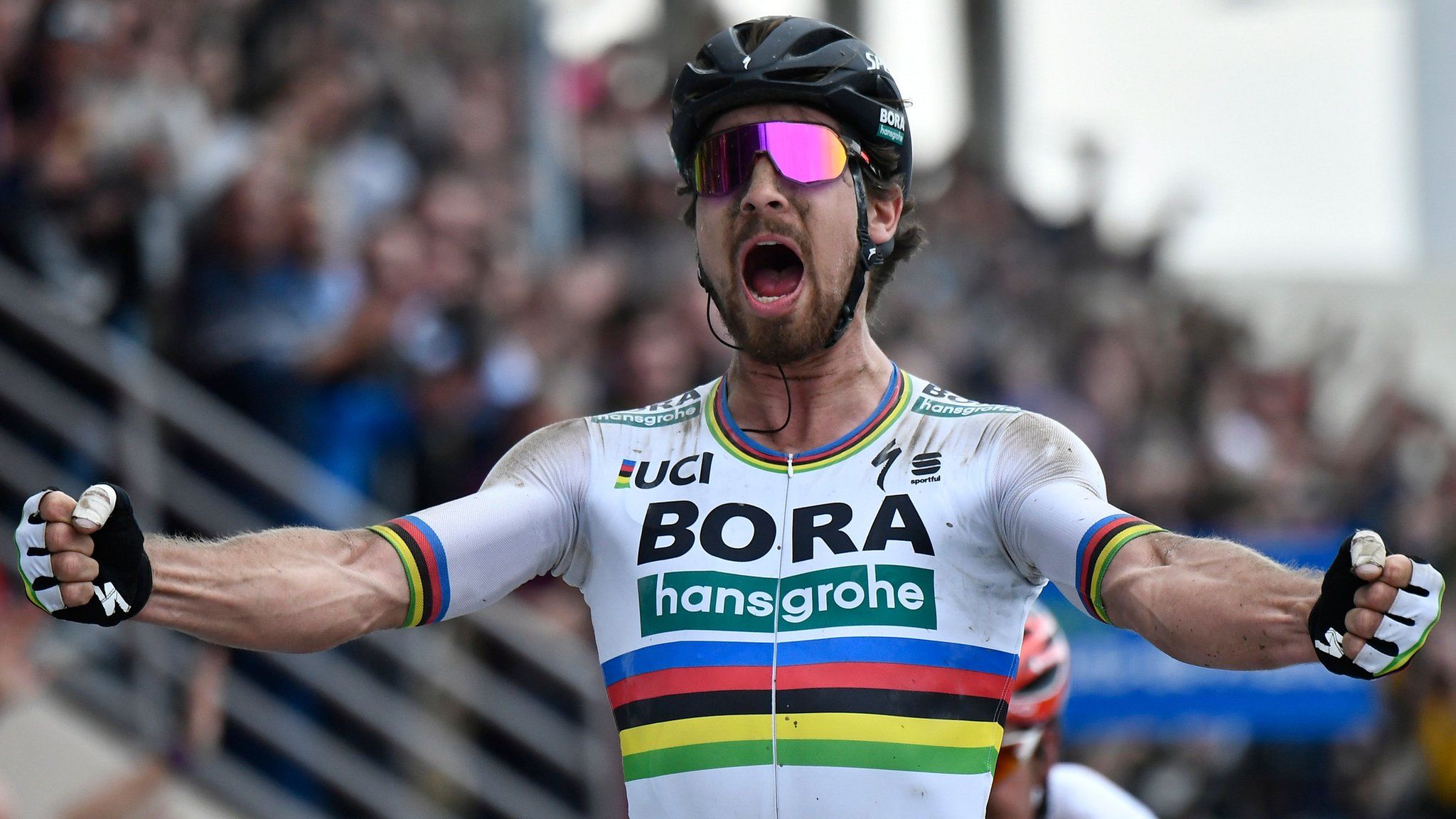 World champion Peter Sagan celebrates winning Paris-Roubaix