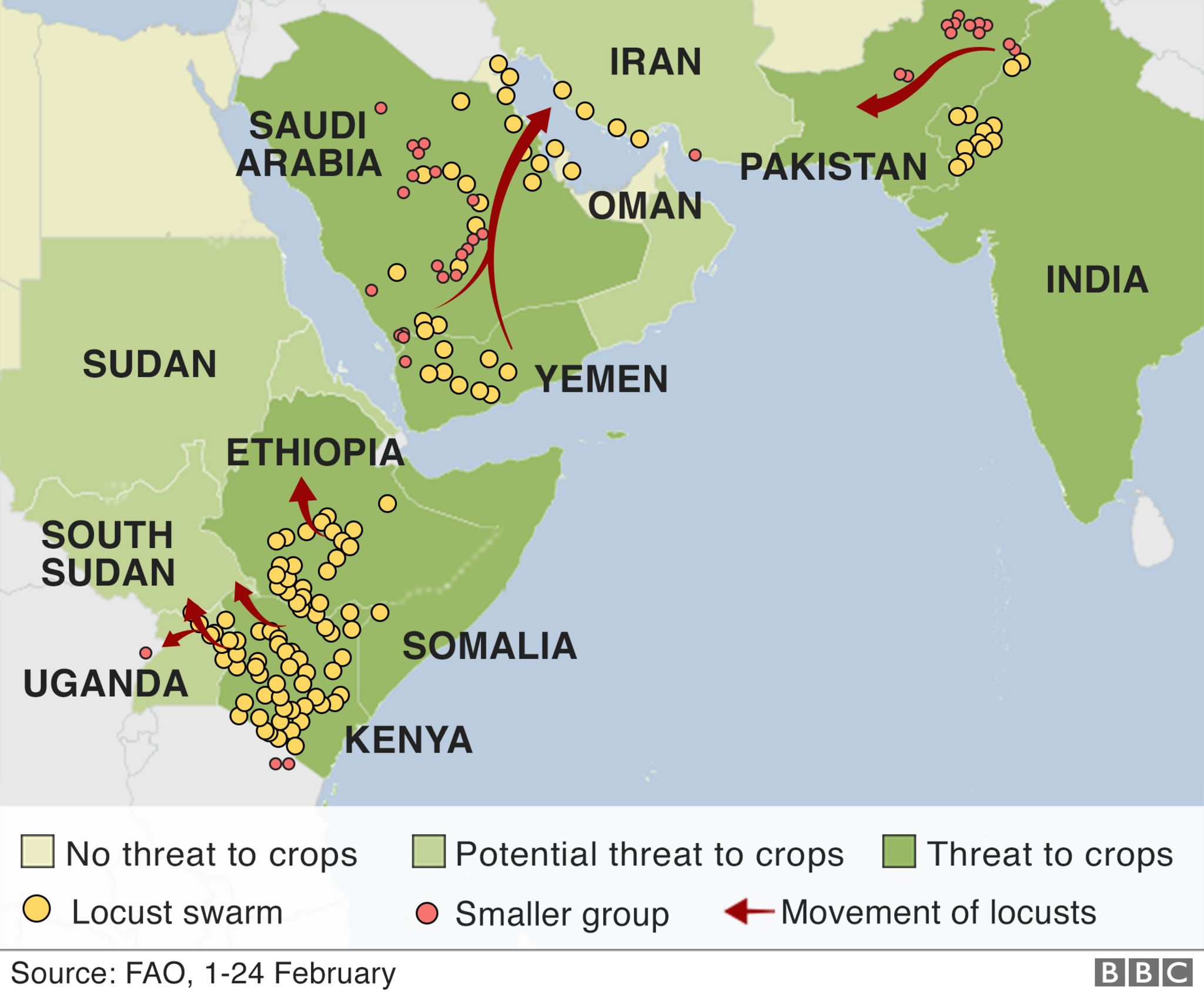 Map showing locusts swarms across parts of Africa and Asia