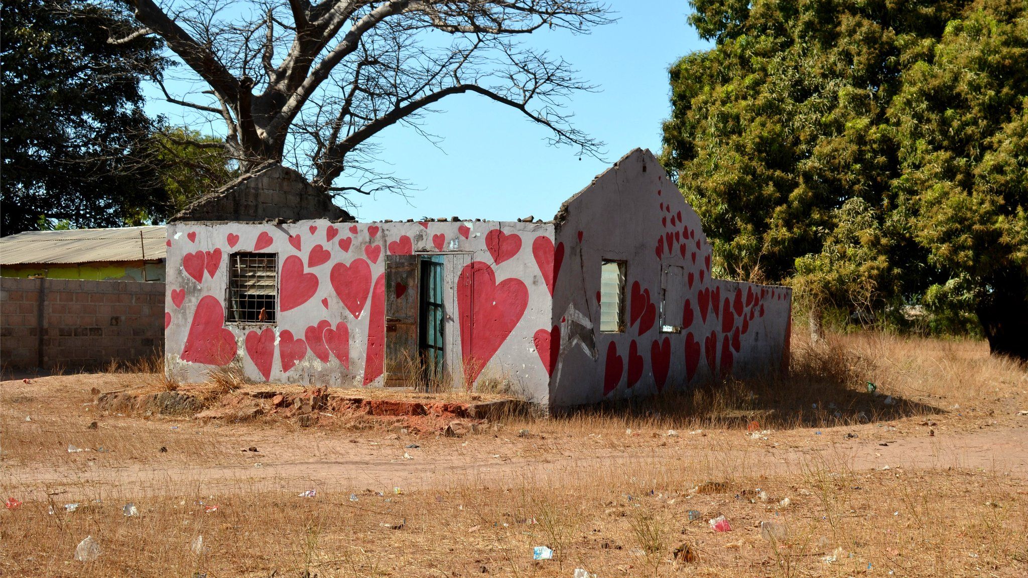 House painted with hearts - painted by community
