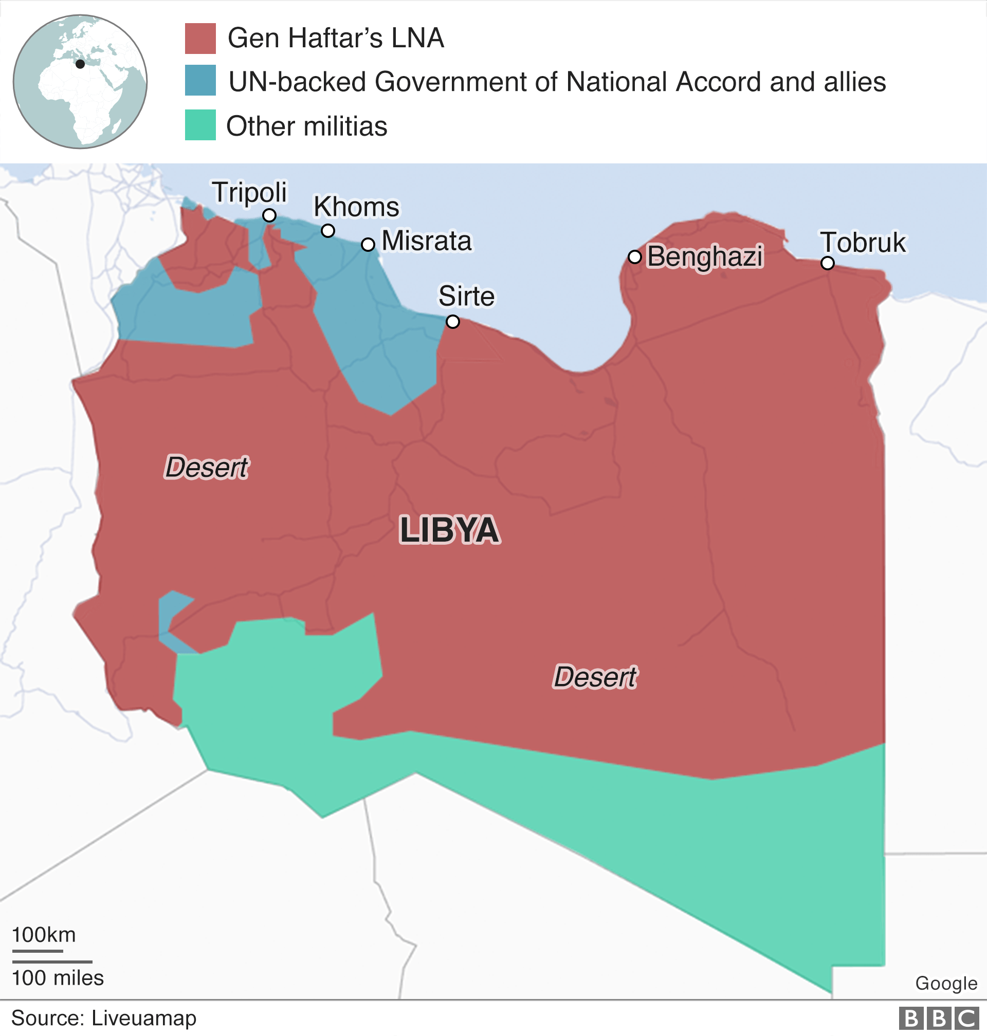 A map shows who controls different parts of Libya