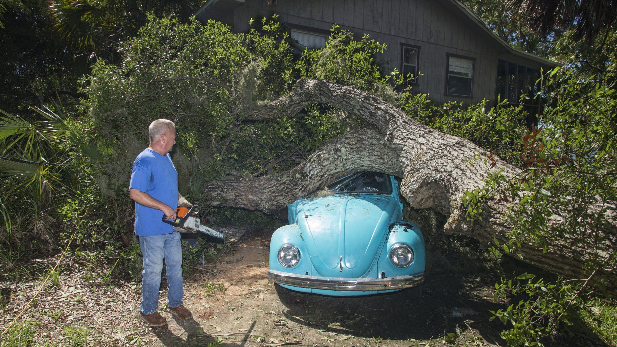 Tom Reams looks over a tree on top of his 15 year old daughter's Volkswagen Beetle and house cause by the wind and storm surge from Hurricane Hermine at Alligator Point, Florida 2 September 2016.