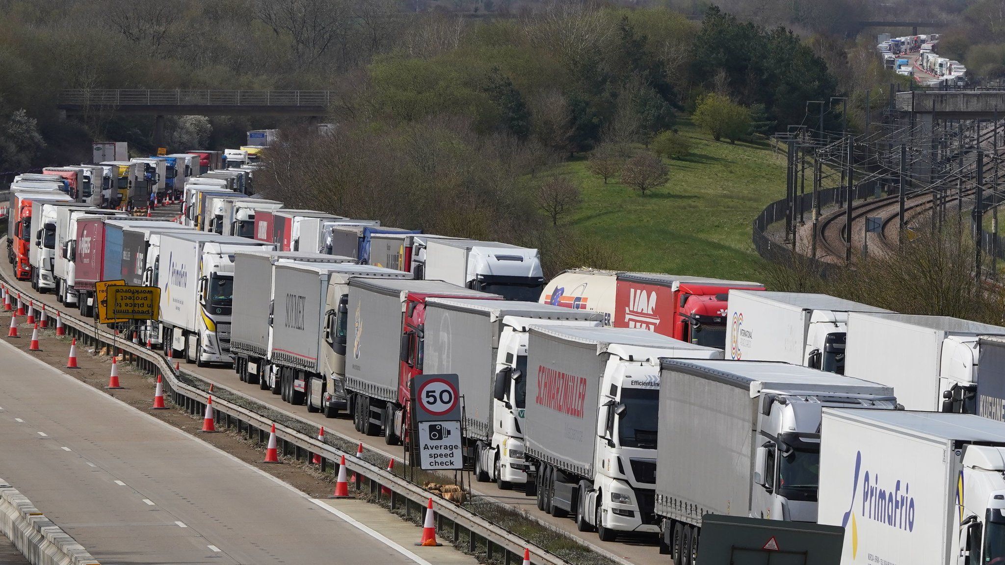 Lorries queueing on the M20 in Operation Brock