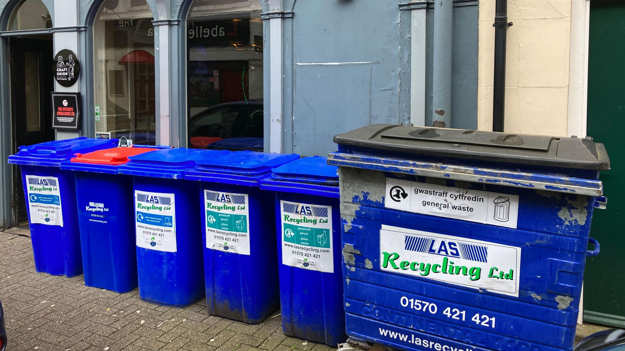 Recycling bins on the pavement