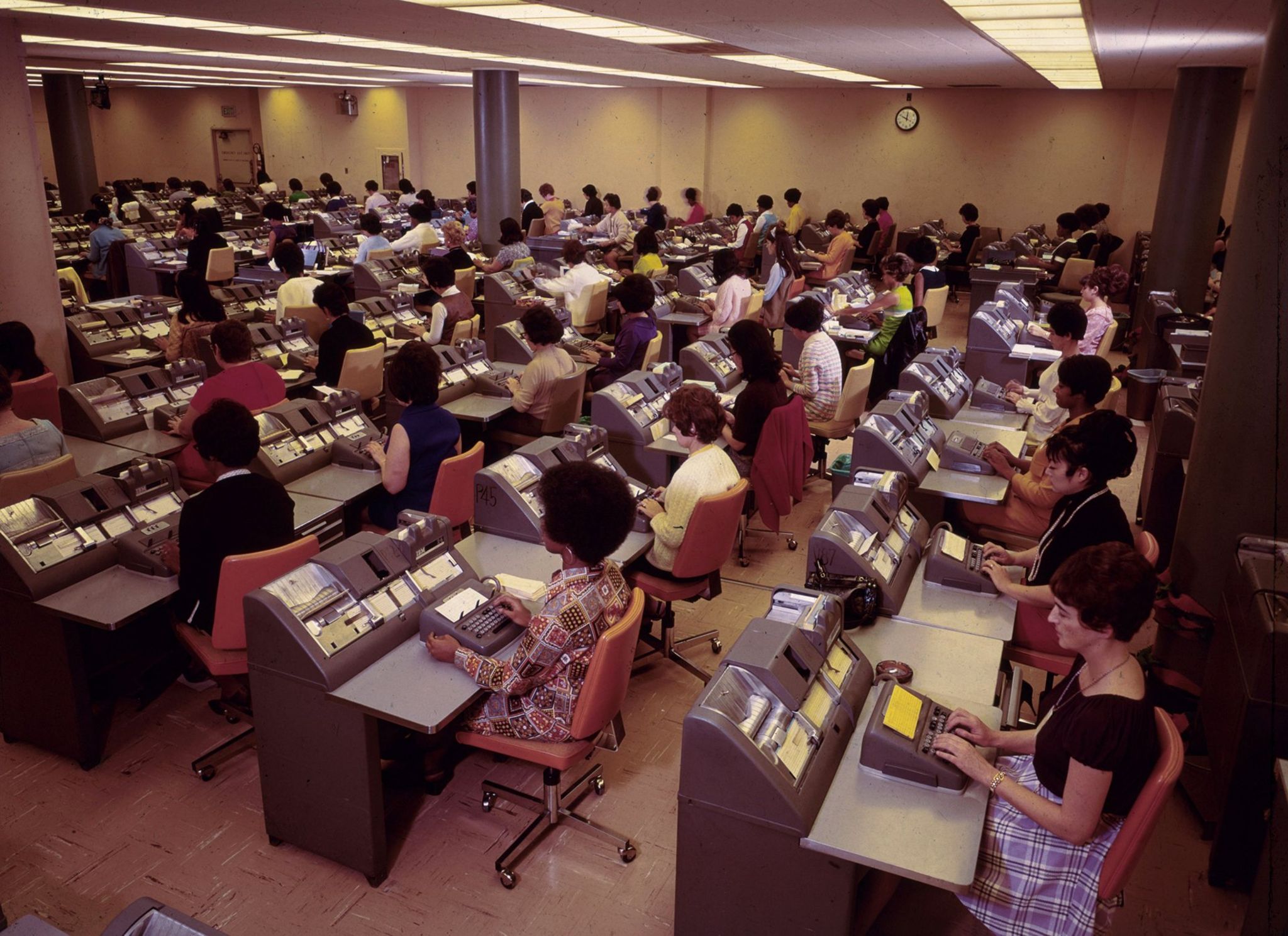 Women at work in the book-keeping room at the Bank of America, Los Angeles circa 1970