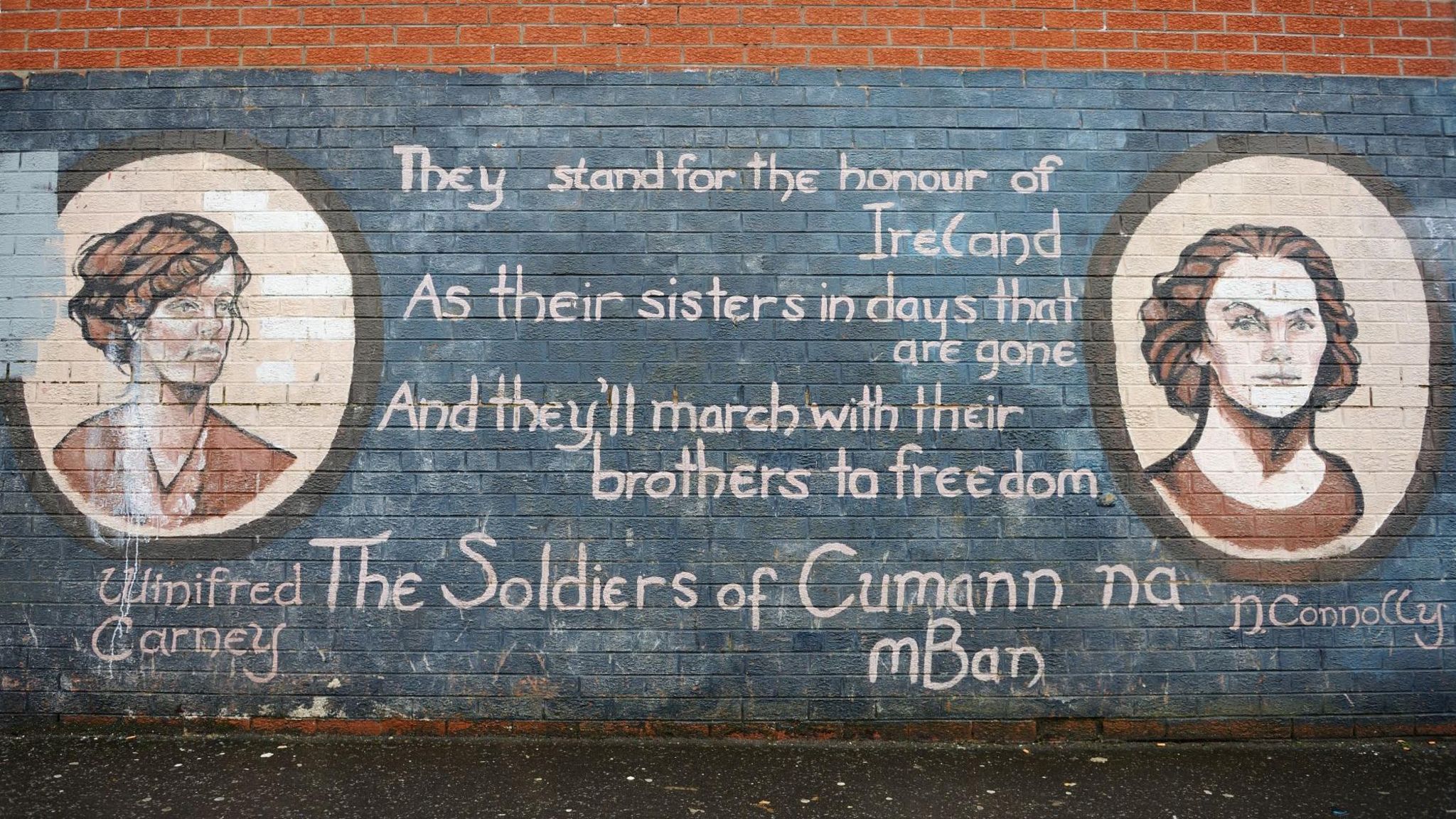 mural painting depicting Winifred Carney and N. Connolly on the Falls Road, Belfast