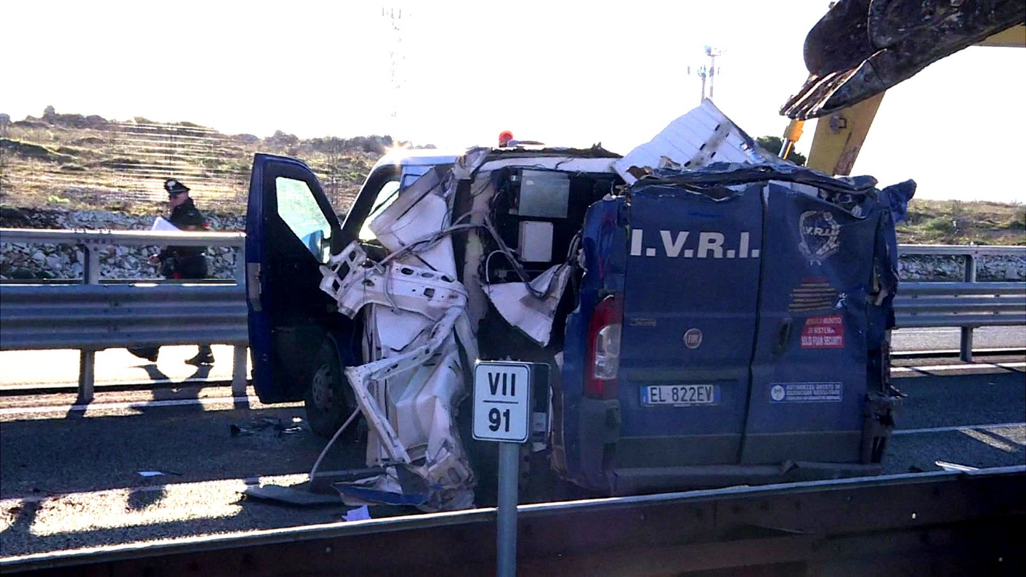 The damaged security van near Bari, southern Italy