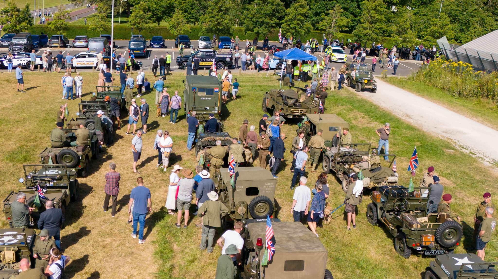 Military vehicles lined up and ready to depart the green in Basingstoke