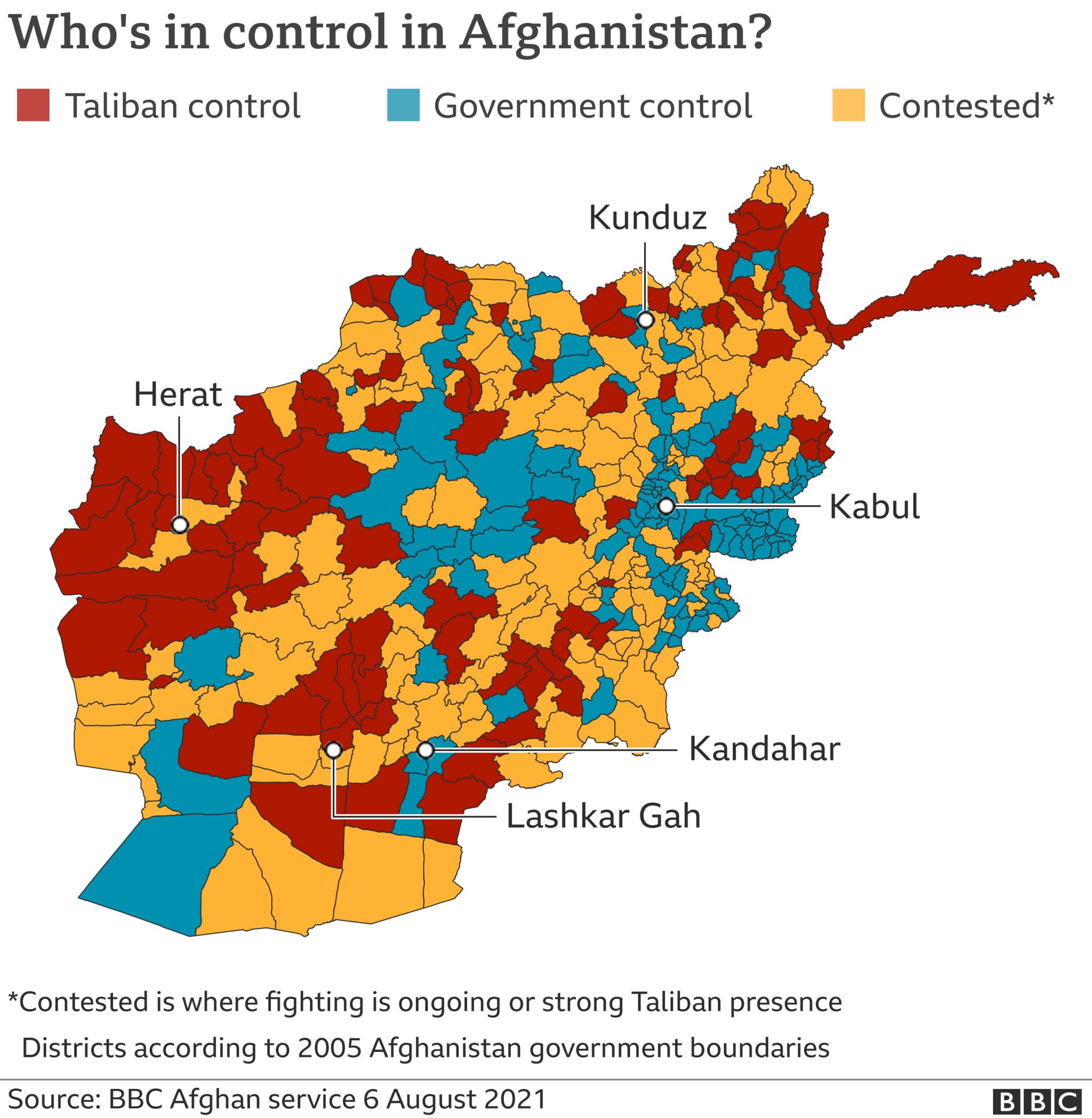 Карта Афганистана с указанием территорий, которые оспариваются, находятся под полным контролем Талибана или под контролем правительства, обновленная 5 августа 2021 г.