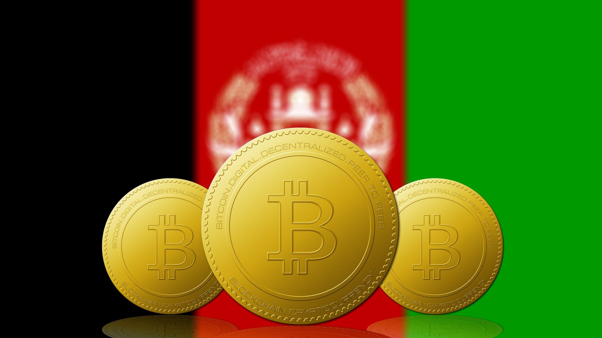 Graphic with Bitcoin symbols over an Afghan flag