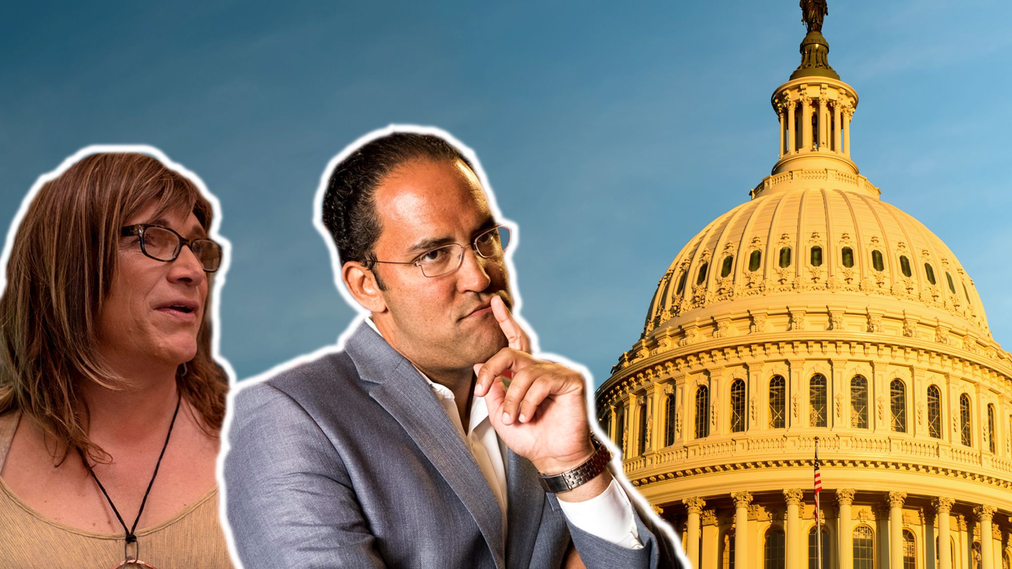 Composite image showing candidates Christine Hallquist and Will Hurd in front of the Capitol building