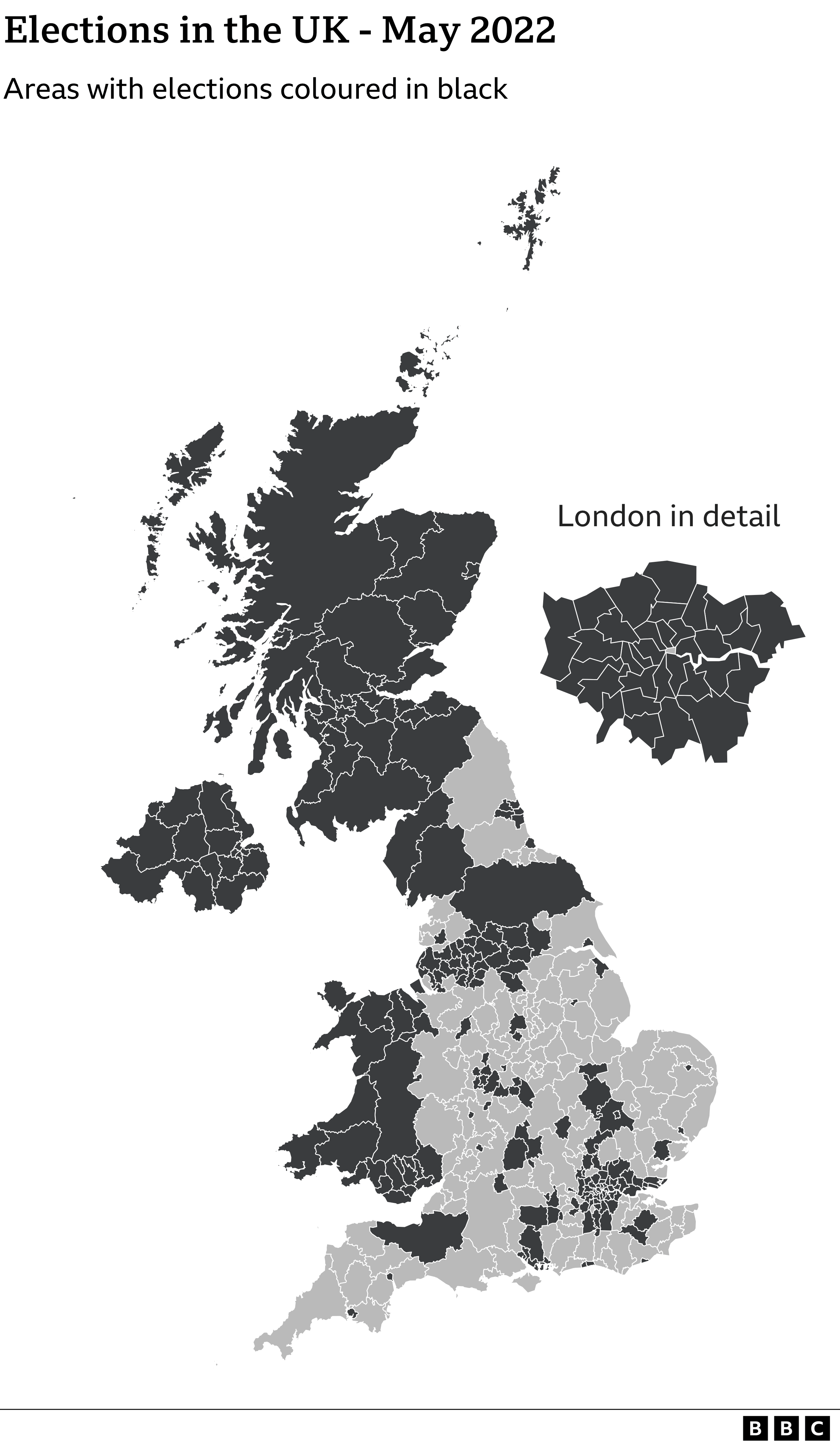 Map showing the councils across the UK holding an election in May 2022