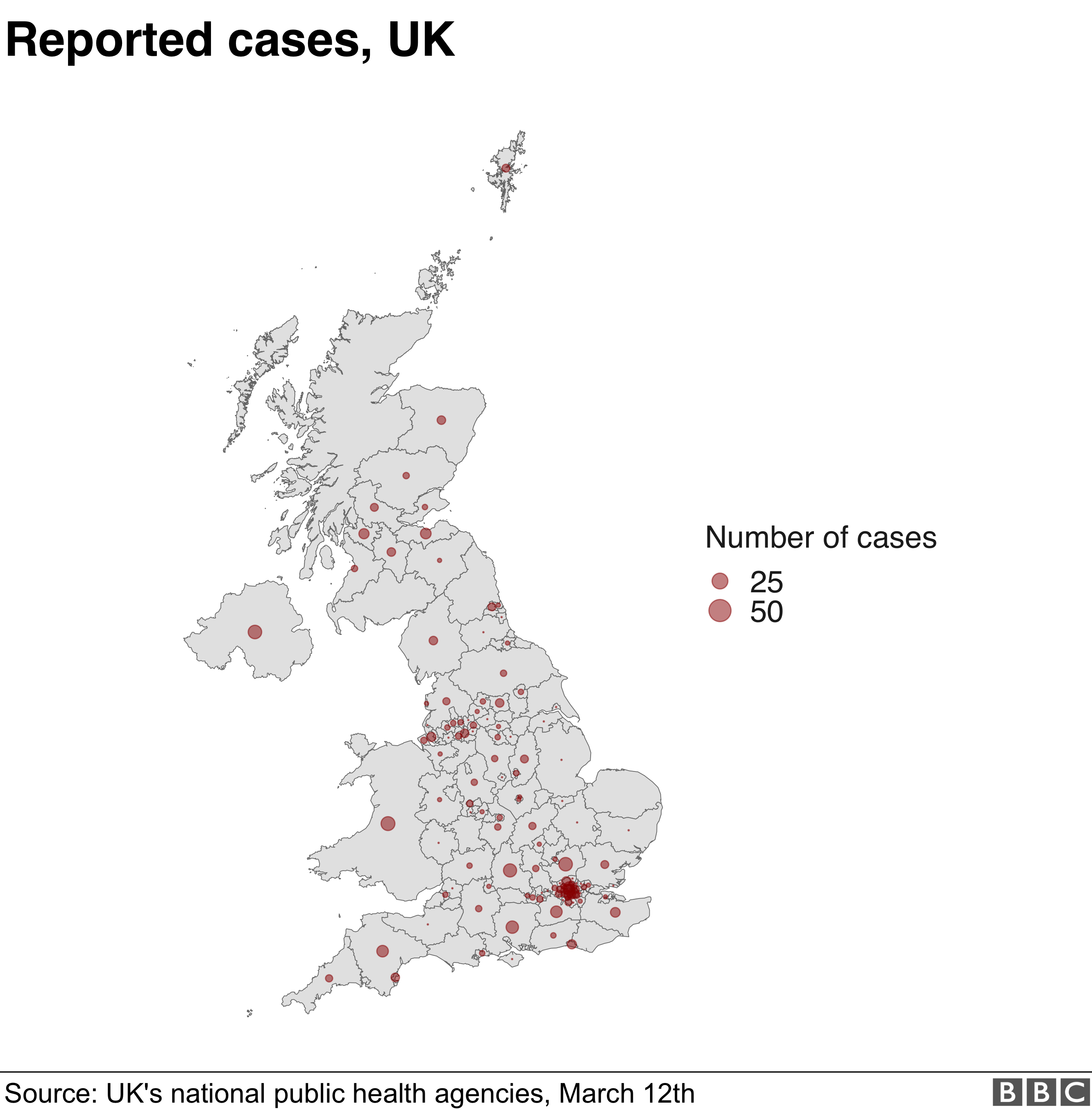 Map showing intensity of cases across the UK as of 12 March