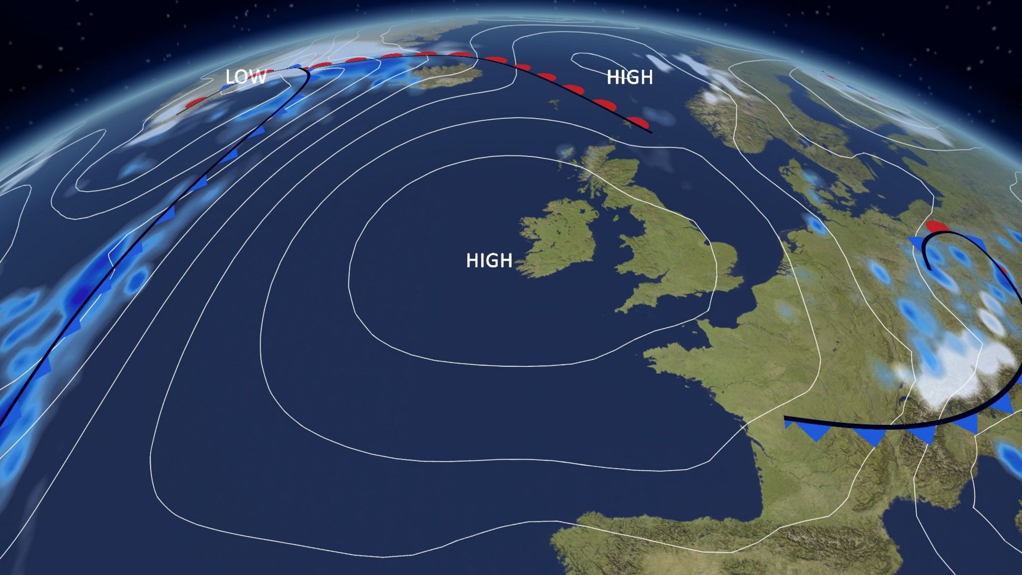 BBC Weather pressure chart showing an area of high pressure over the UK and Ireland