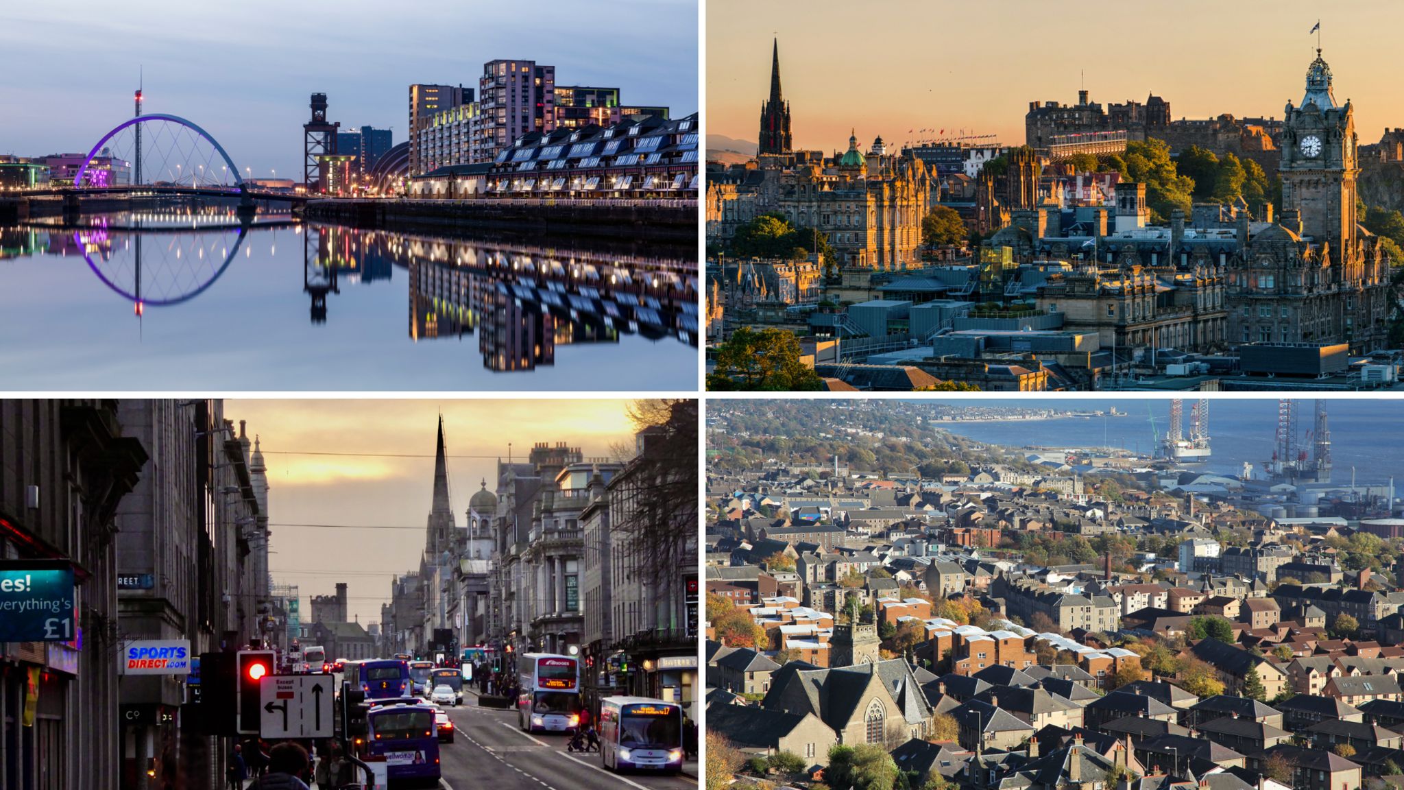 A collage of Glasgow, Edinburgh, Aberdeen and Dunde.