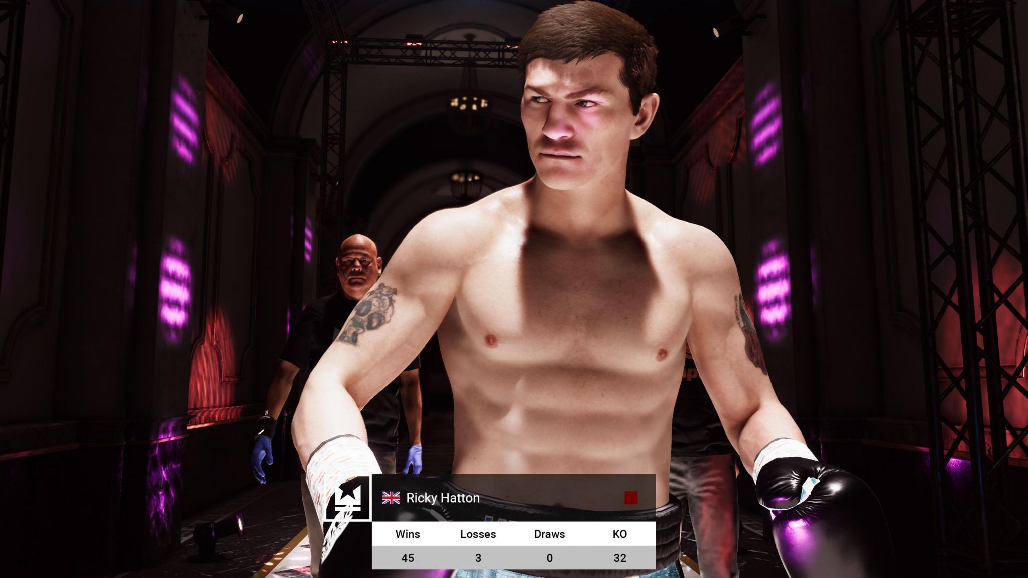 A computer-generated image of a boxer walking into a boxing ring. He's bathed in stage lighting and has a stern look on his face.