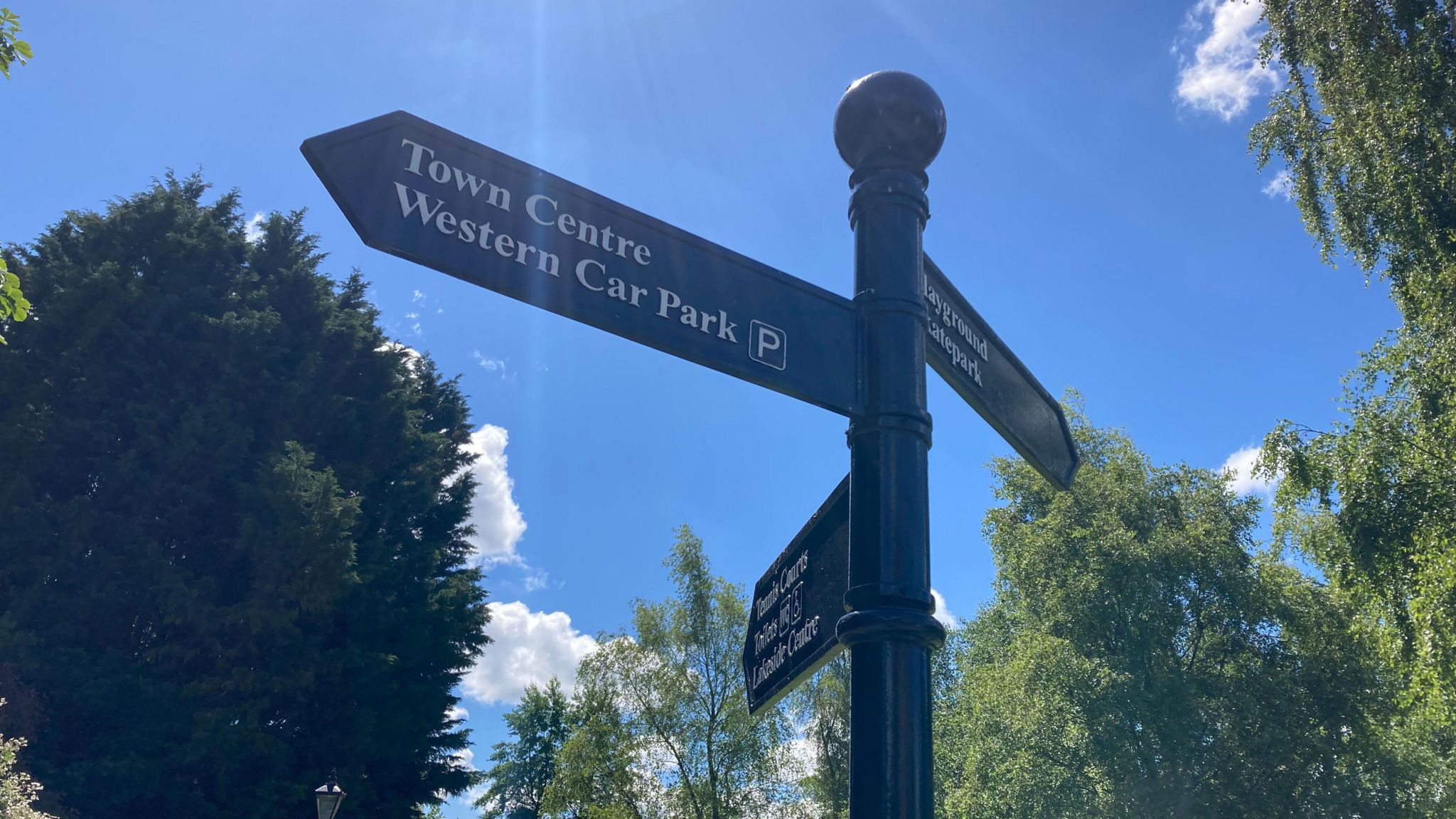 A picture looking up of one of the signposts at the park under a blue sky with trees