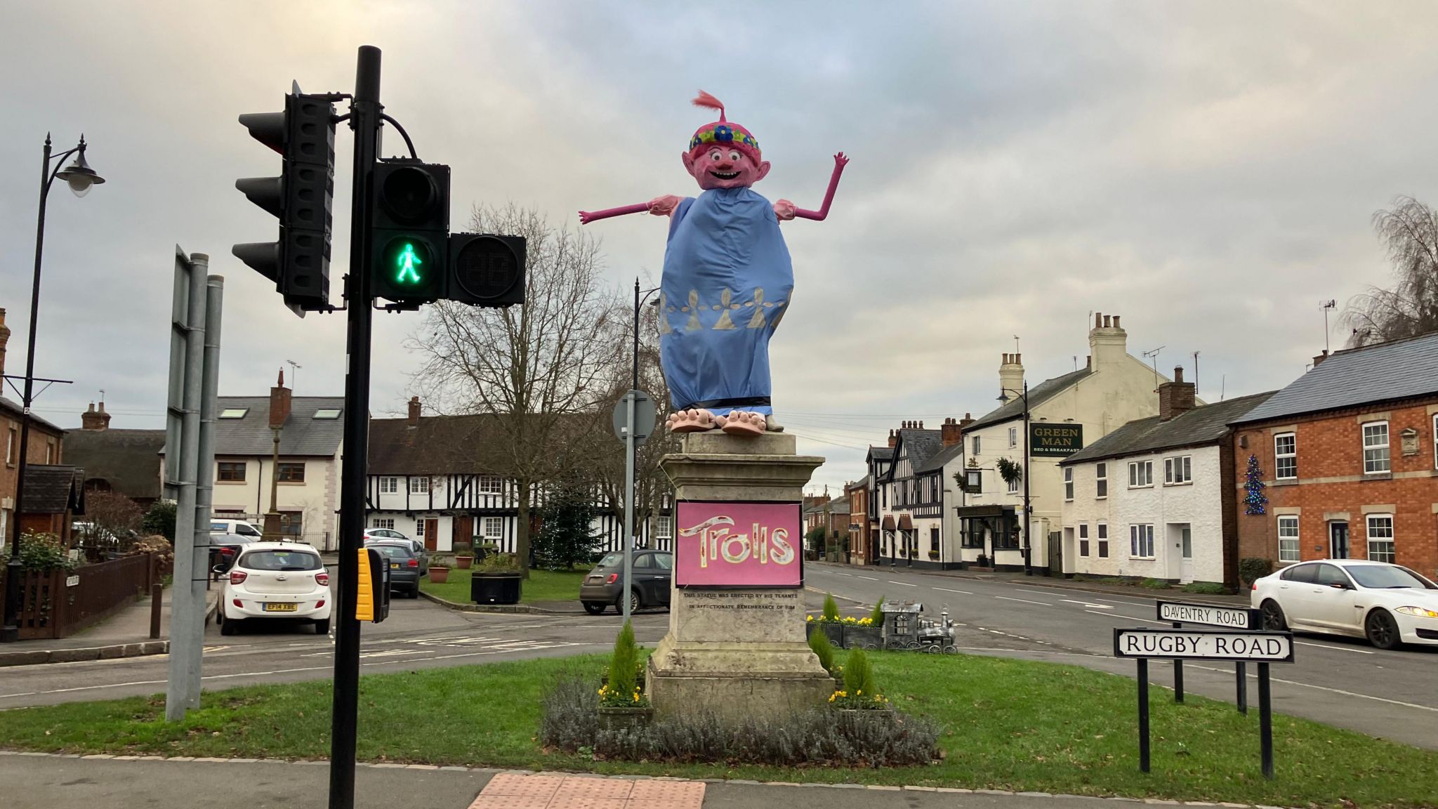 The statue in Dunchurch decorated as a Trolls character