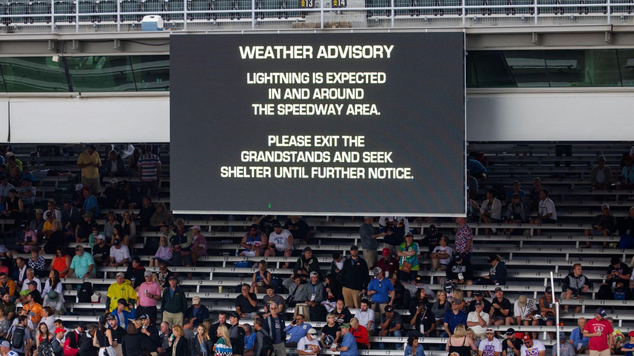 Weather warnings at the Indy 500, shortly before the venue was evacuated.