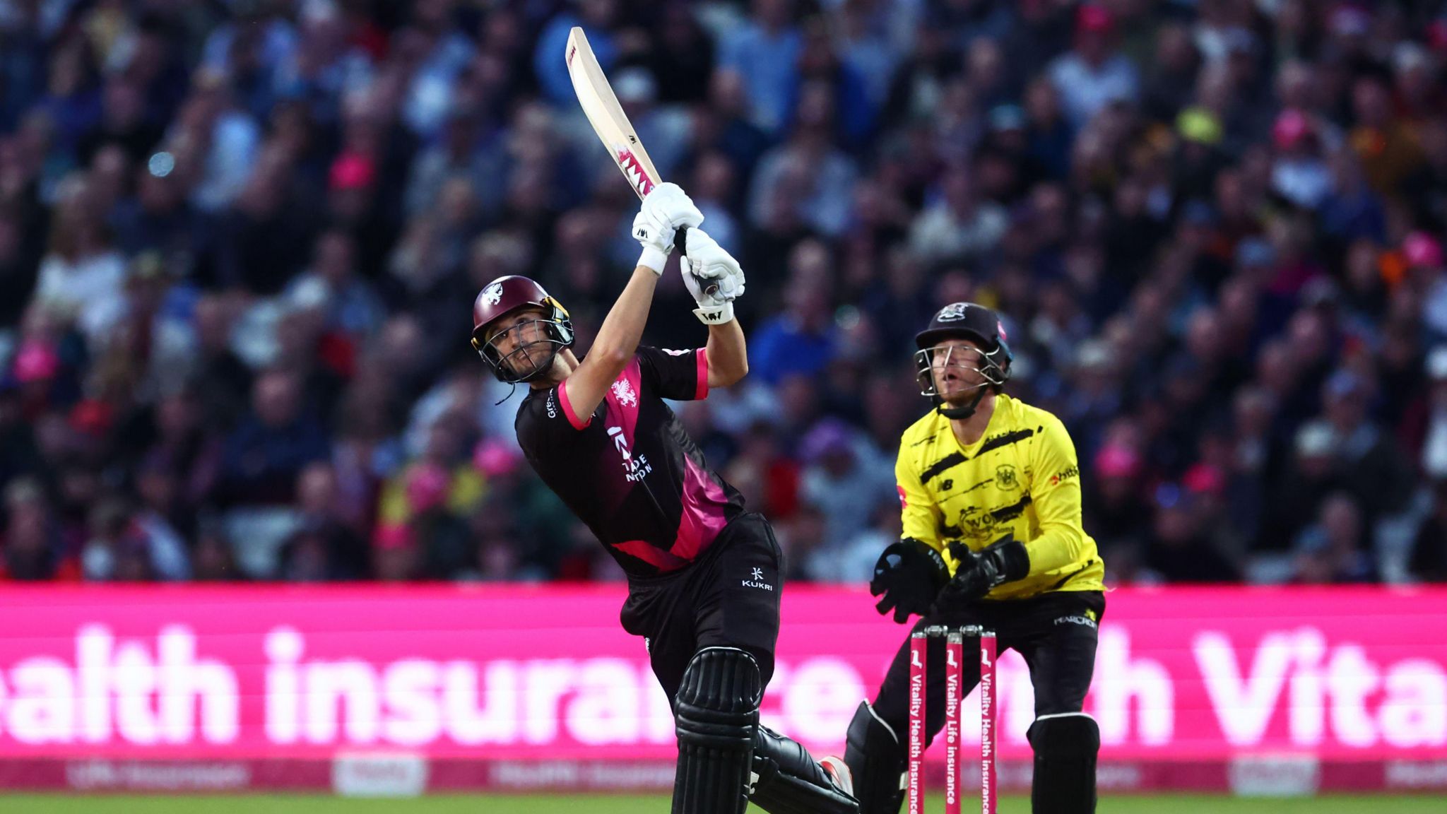 Somerset skipper Lewis Gregory hits the second of two sixes in the T20 final at Edgbaston