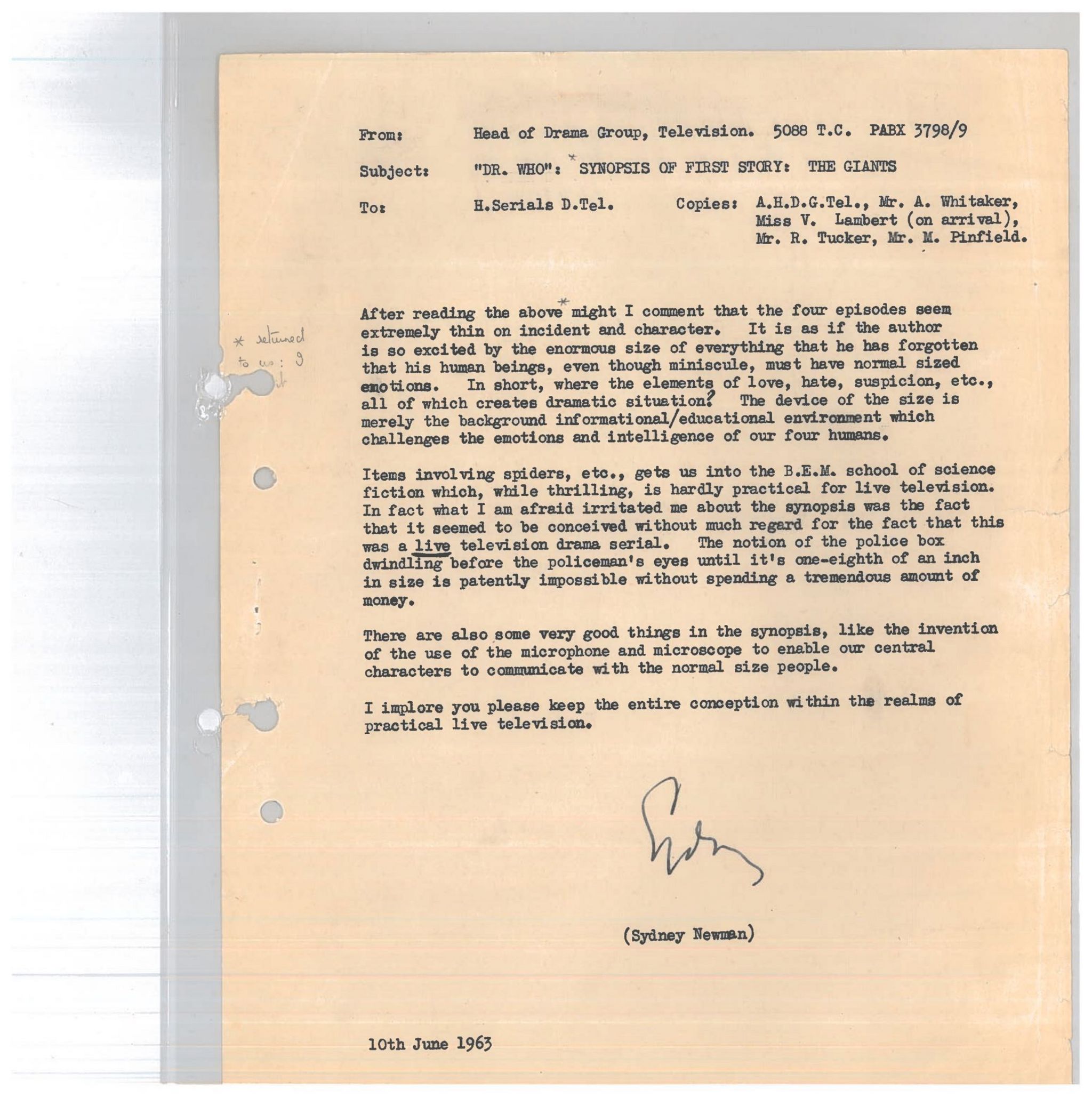 A letter dated the 10th June 1963 from Dr Who creator Sydney Newman 