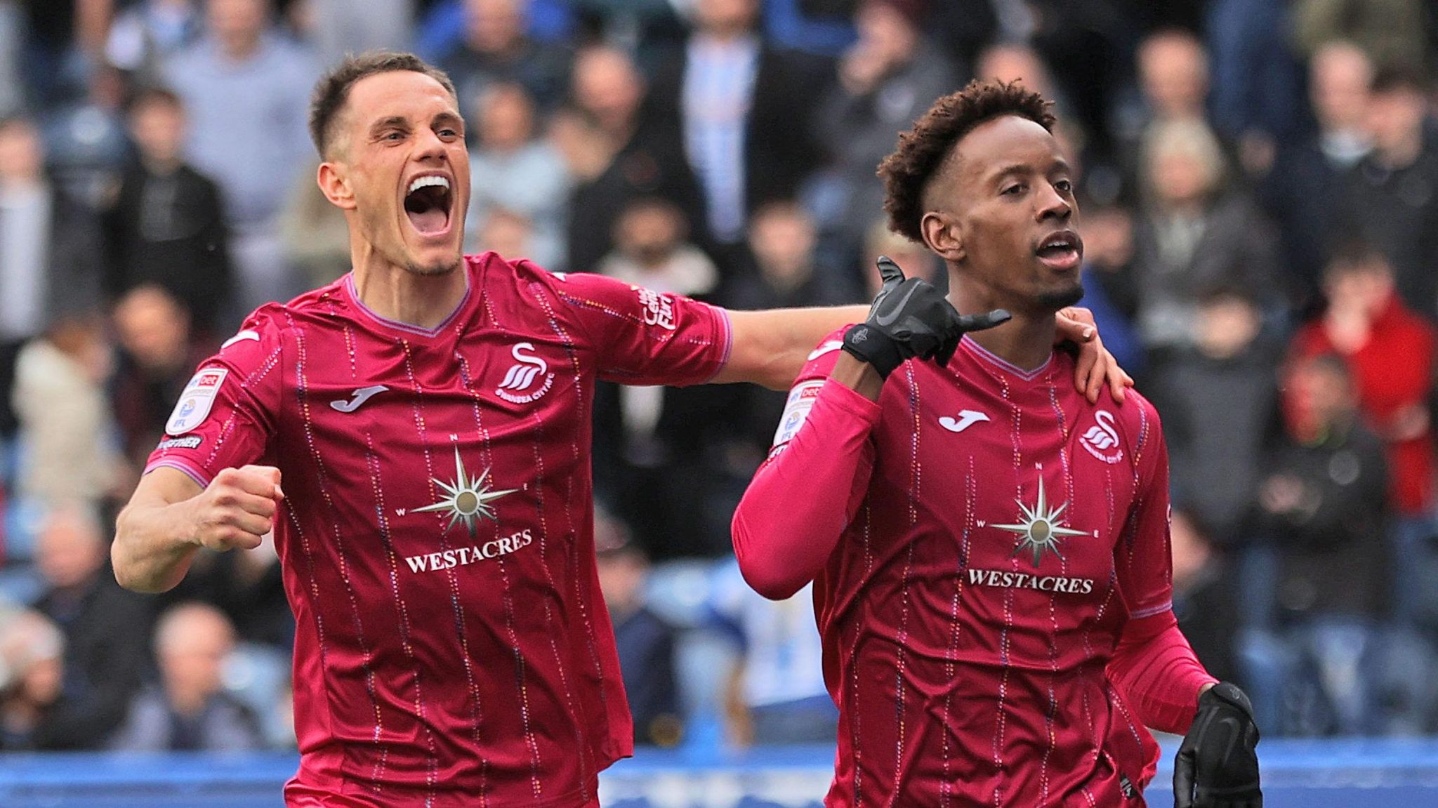 Jerry Yates and Jamal Lowe celebrate the latter's goal at Huddersfield last month