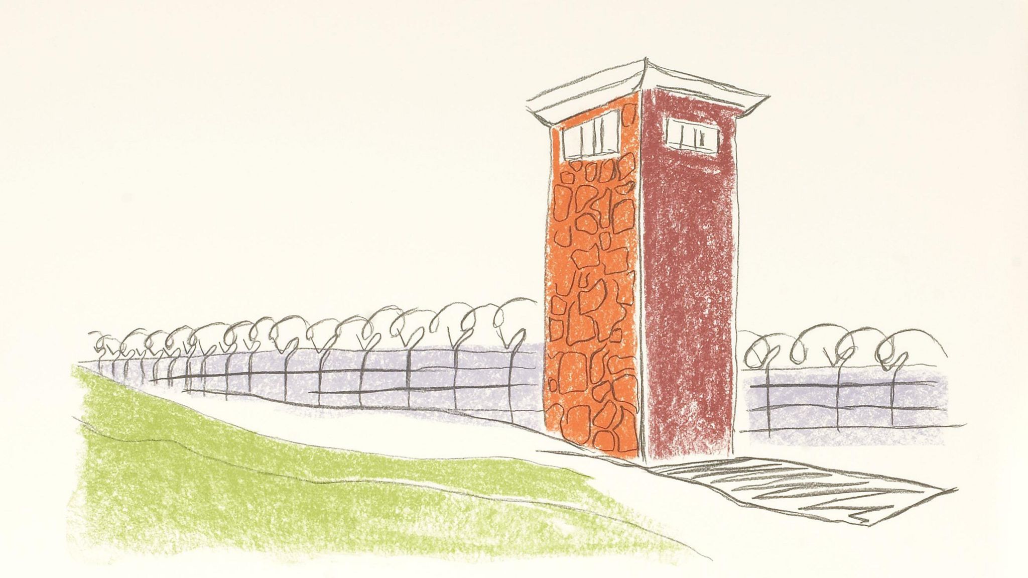 A lithograph showing a brown guard tower, green grass and a barbed wire fence