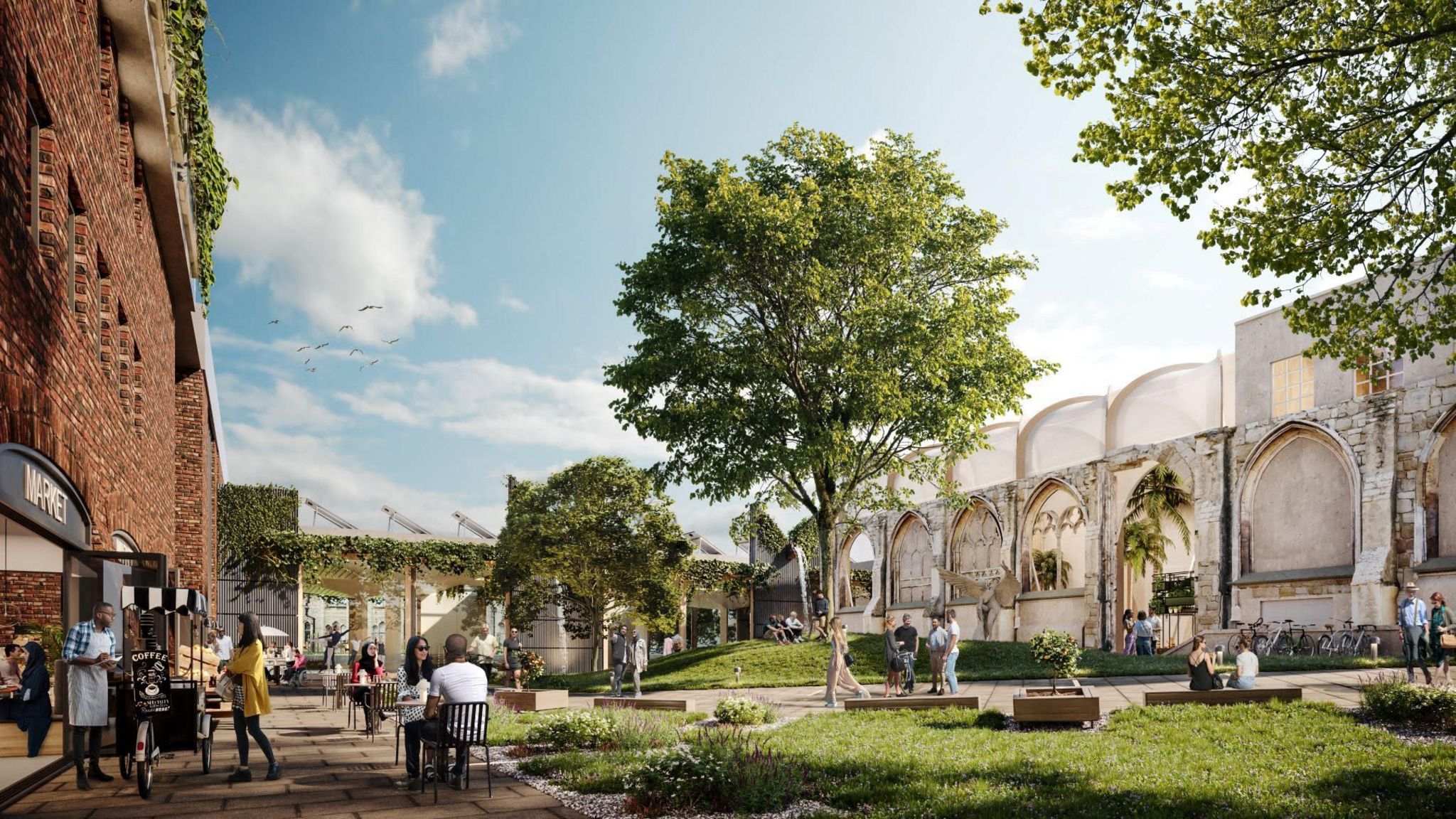 An architect's visualisation of the developed Greyfriars Quarter, showing people sat outside cafes next to a grassy area with trees and the 13th century Greyfriars monastery.