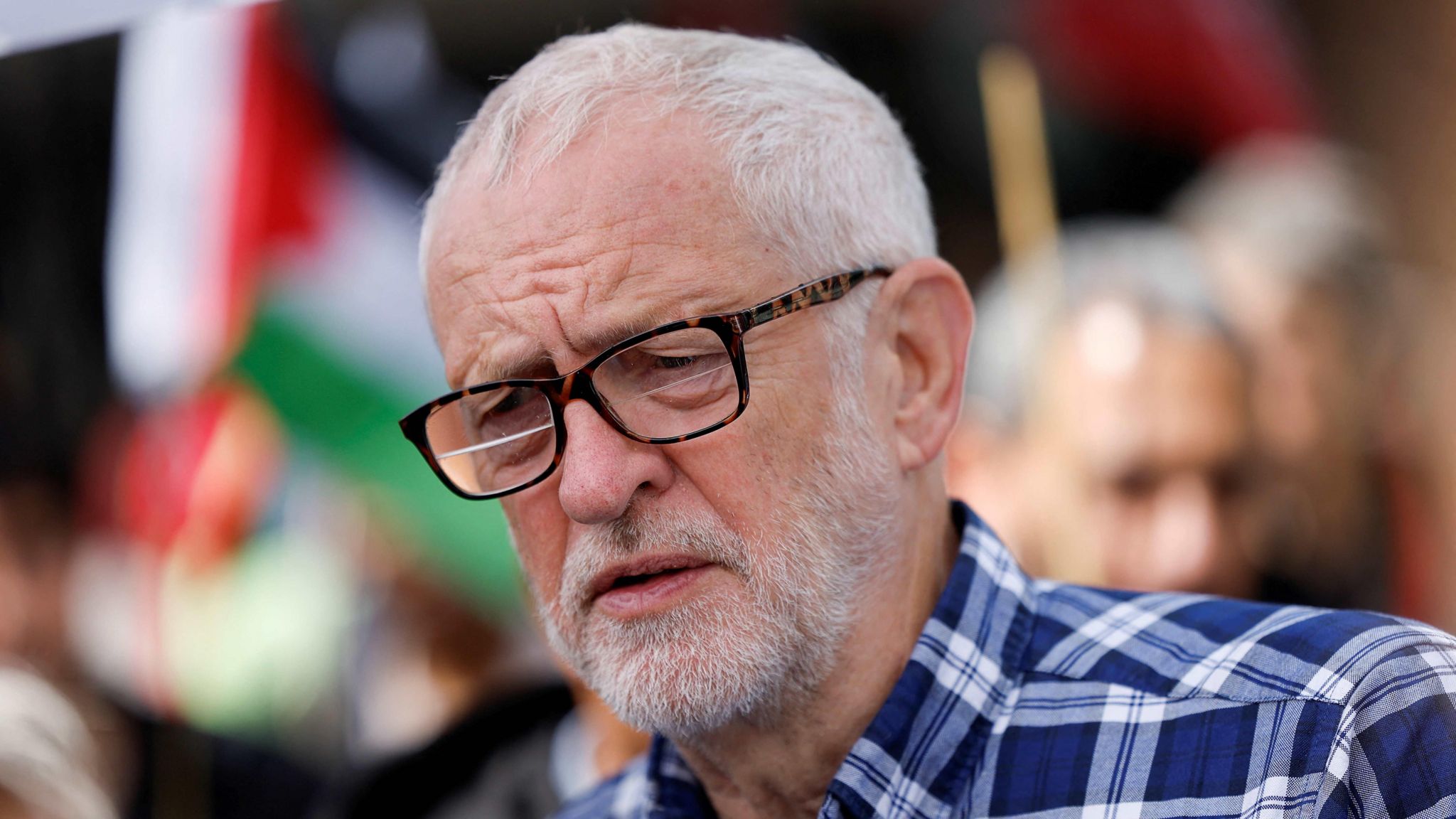 Former Labour Party leader Jeremy Corbyn speaking at a rally during a pro-Palestine march in central London