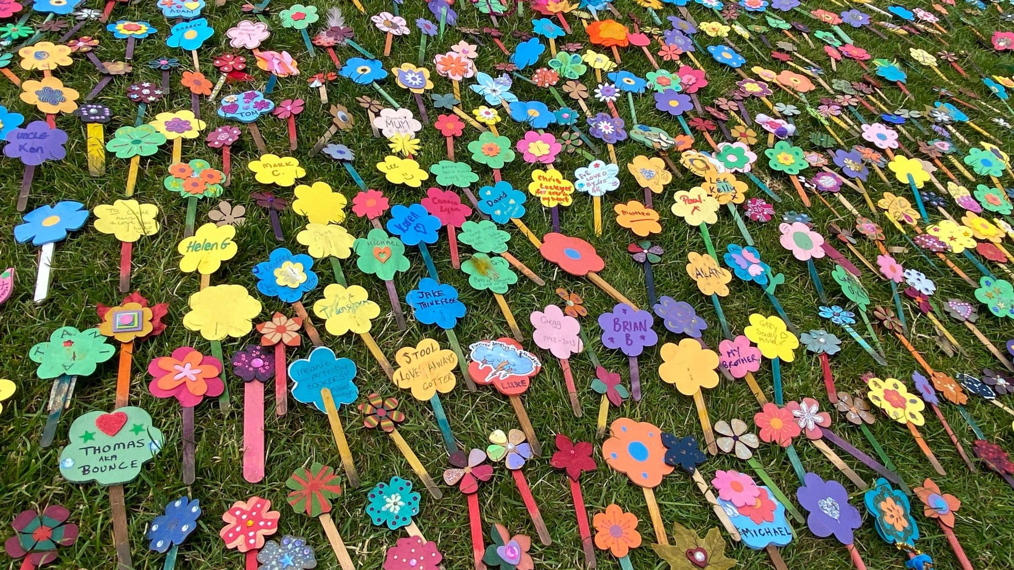 A section of the thousands of multi-coloured paper flowers laid out on College Green. 