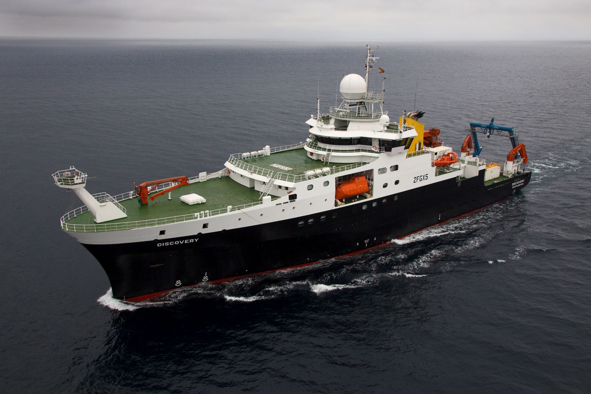 The research ship Discovery at sea in Iceland in June