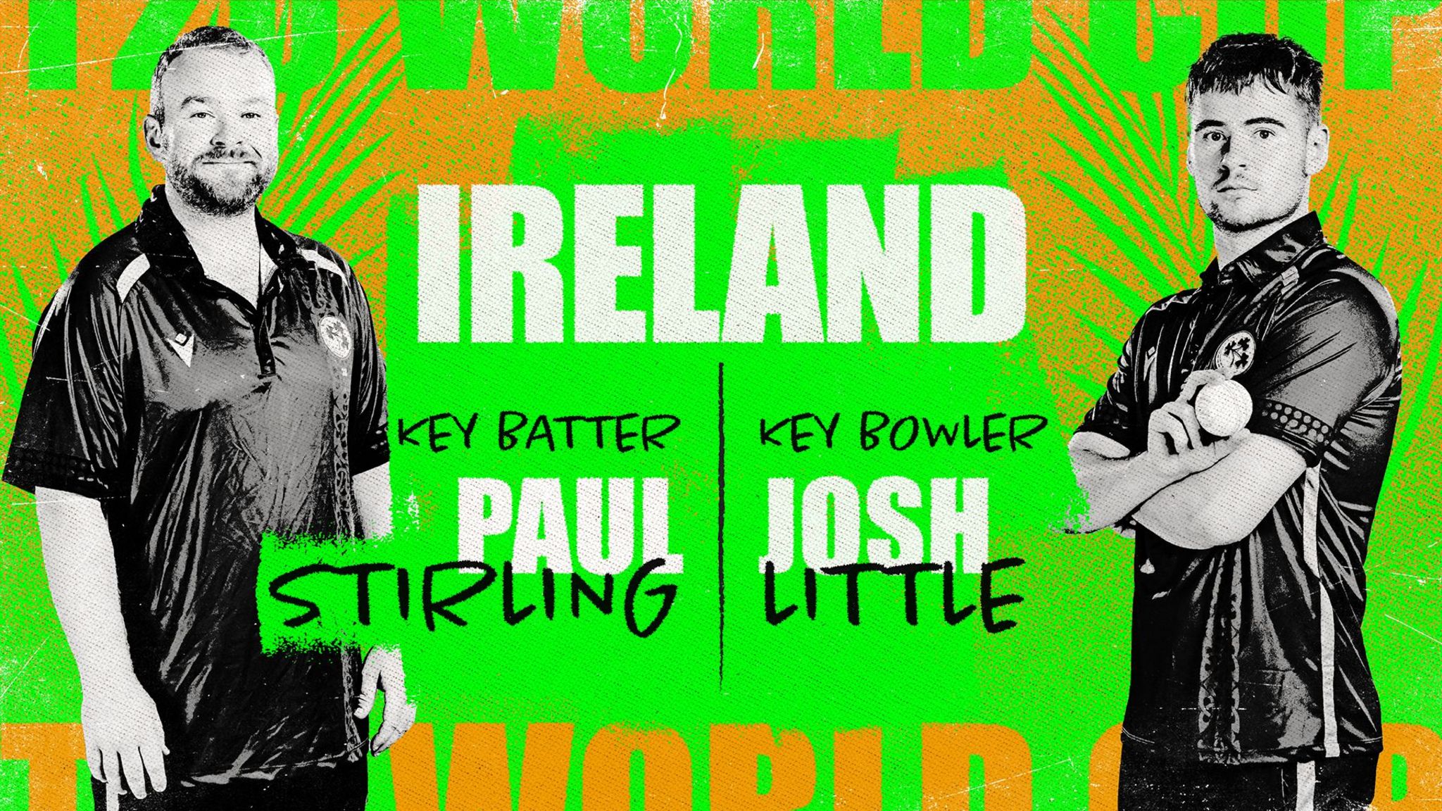 A graphic showing Paul Stirling and Josh Littler as Ireland's key batter and bowler at the Men's T20 World Cup