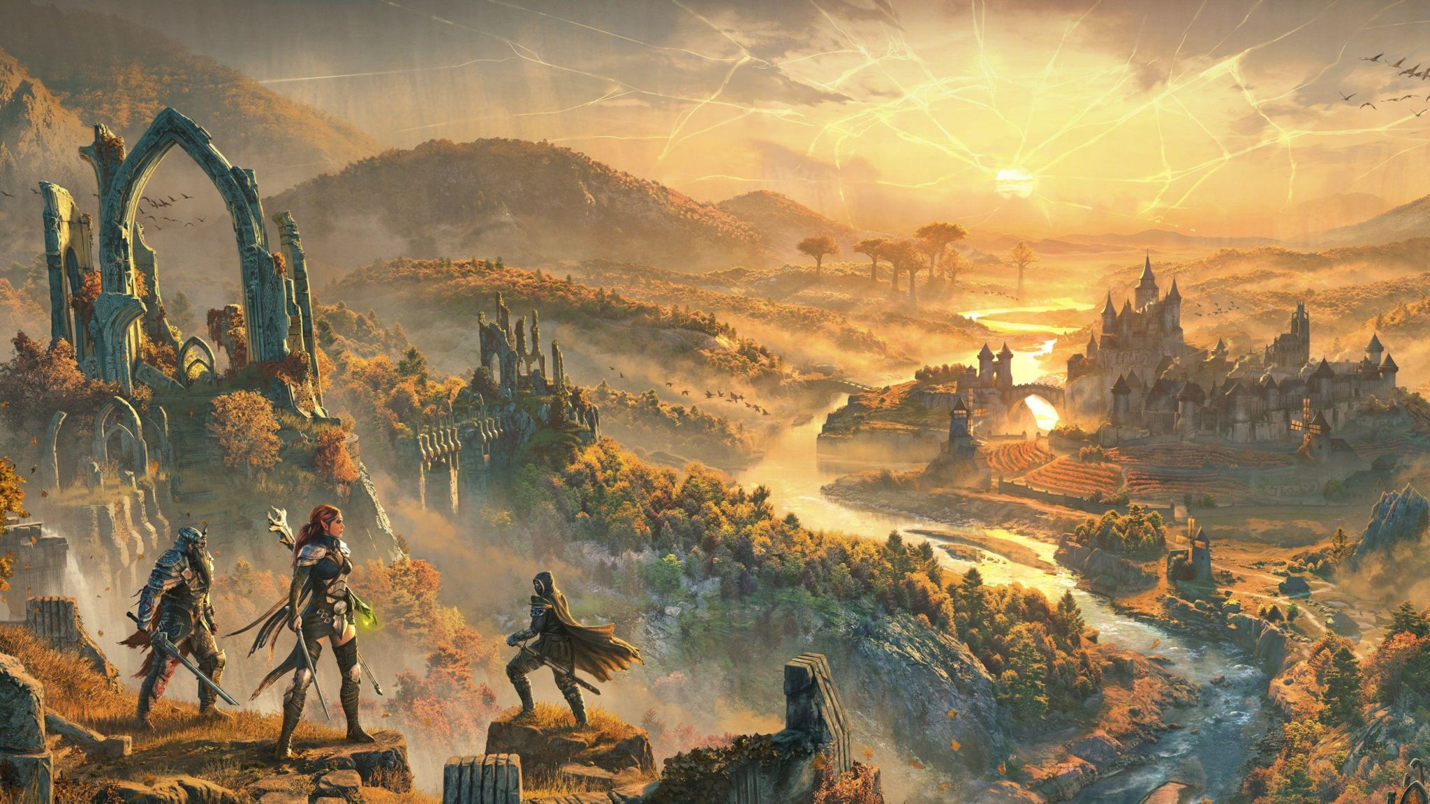 A painting shows three characters wearing armour and holding swords standing on a high hill overlooking a vast landscape filled with forested areas and Medieval style buildings. In the distance a town featuring tall, turetted towers is visible. A sunset glow permeates the scene, adding to the fantasy quality.