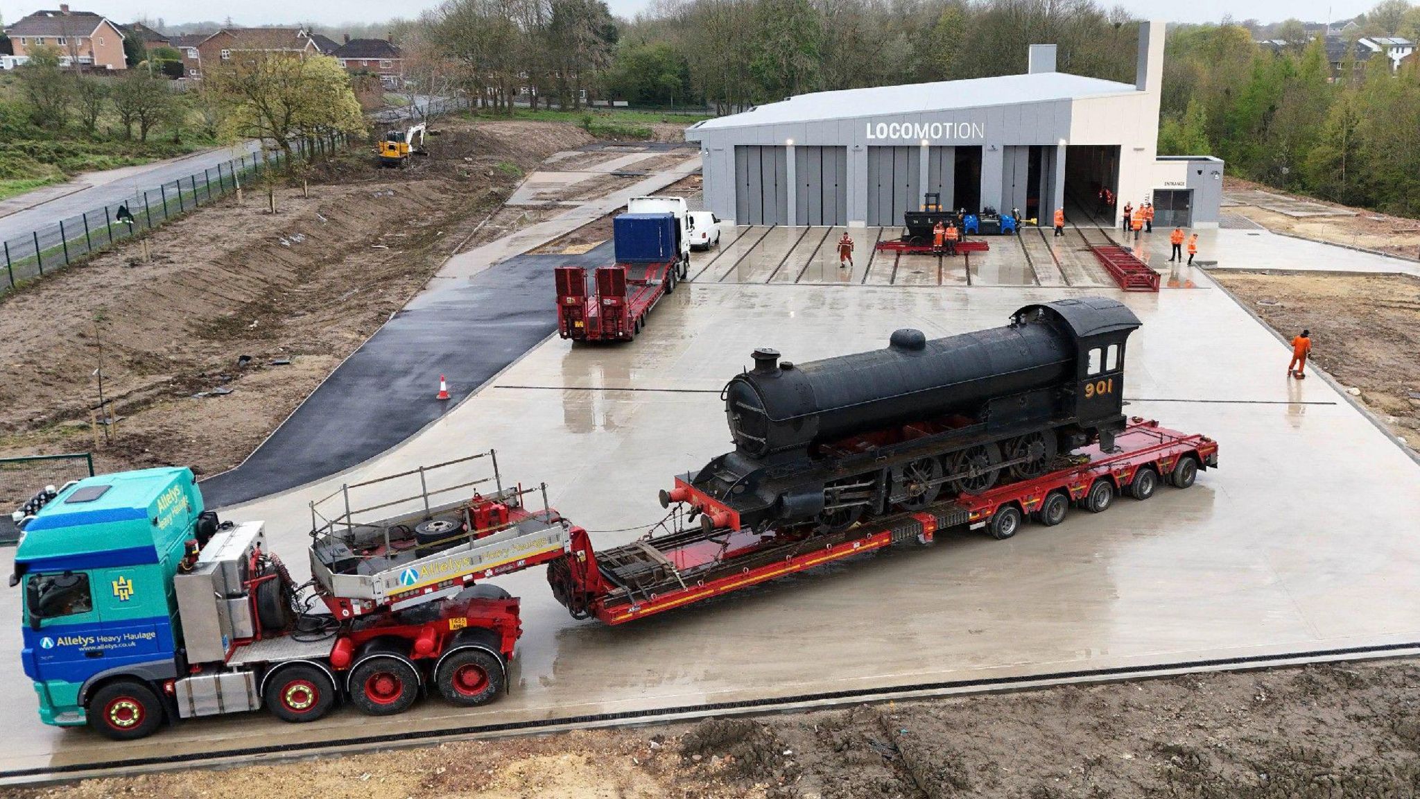 Aerial views of the Q7 locomotive as it is moved into Locomotion's £8m New Hall in in Shildon, County Durham as part of the National Railway Museum's biggest ever shunt of 46 vehicles.
