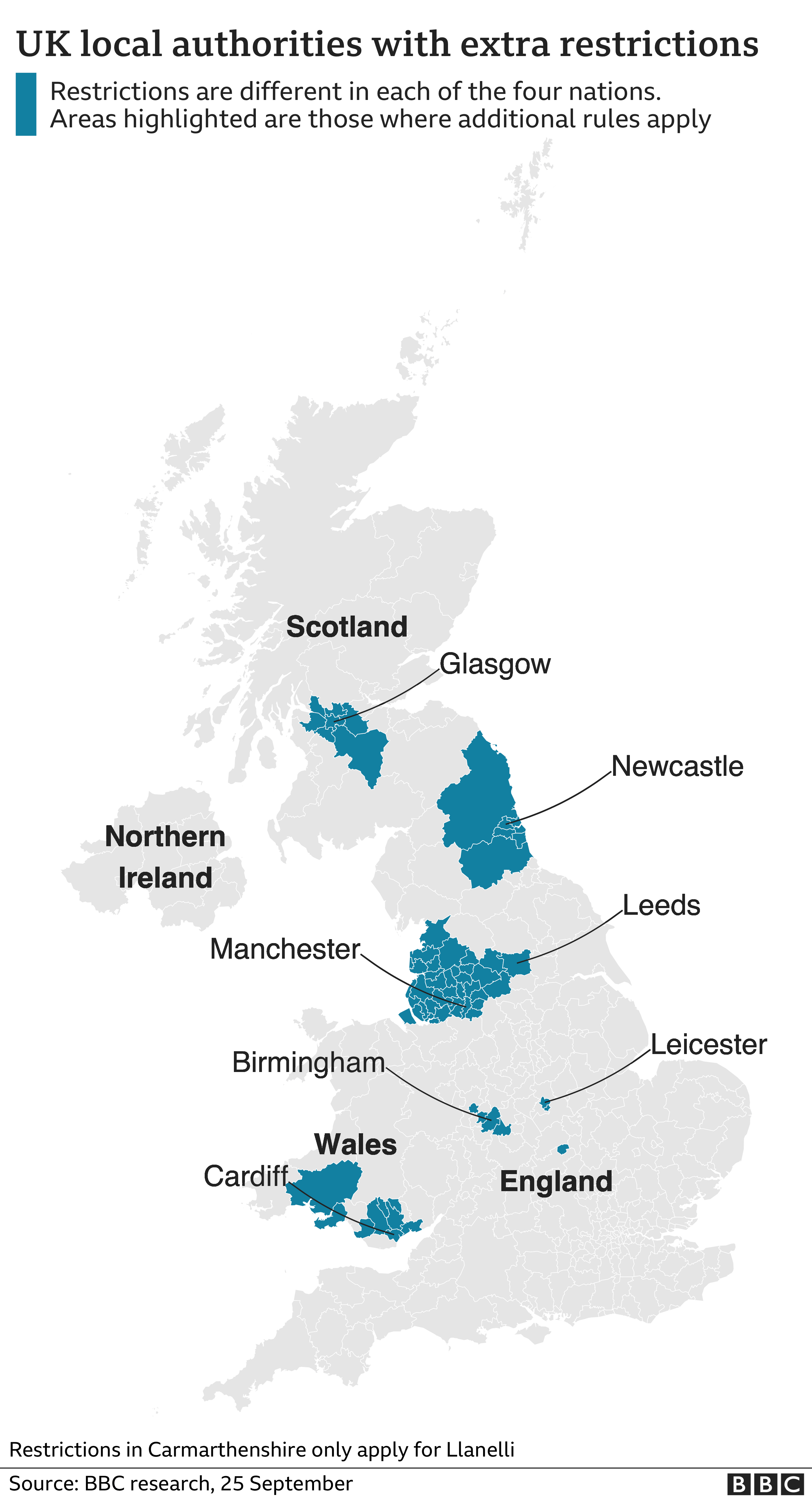 Map of UK shows local lockdown areas, updated 26 Sep