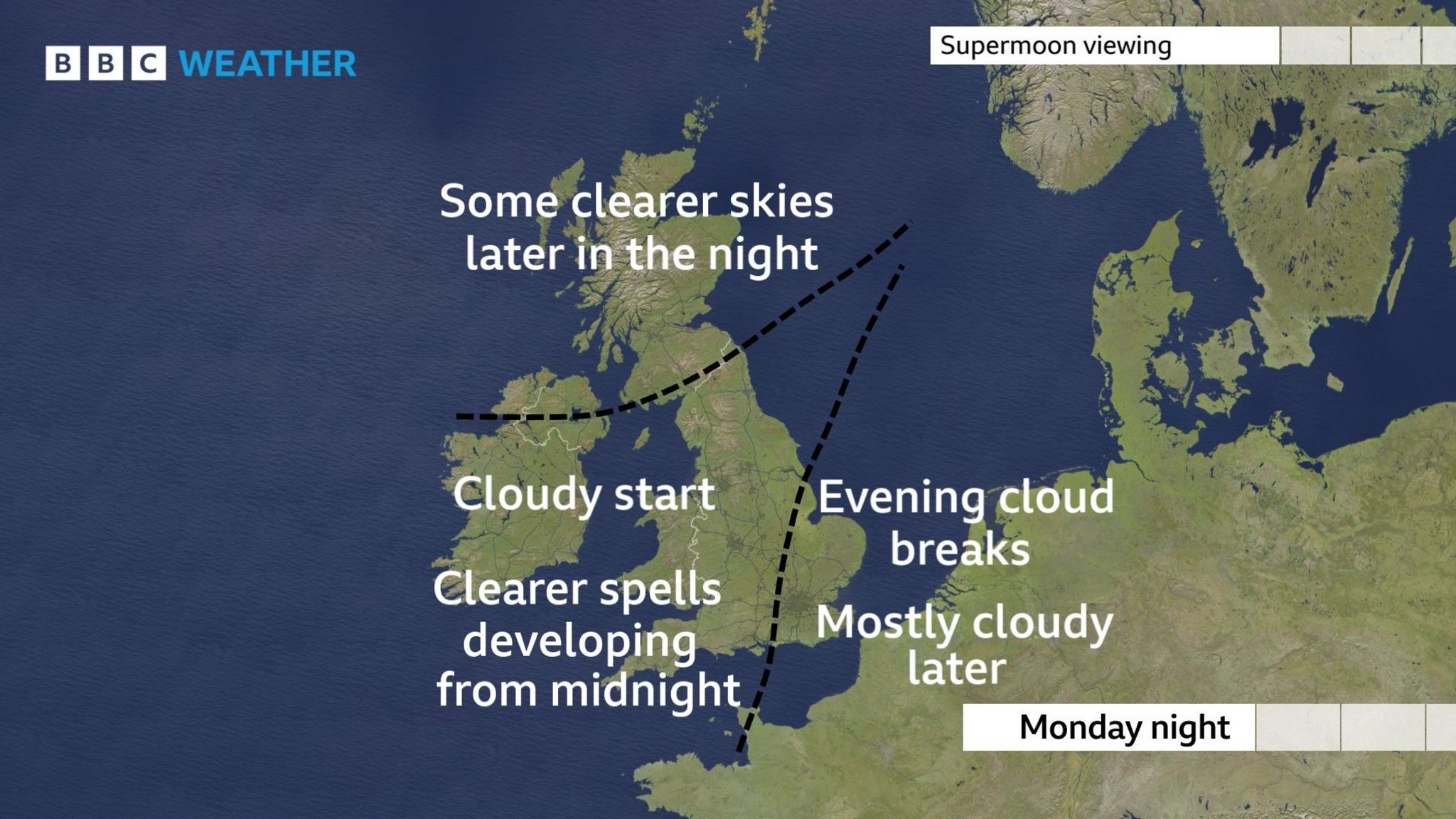 BBC weather graphic showing areas of the UK with the forecast.  in eastern areas of england - evening cloud breaks, mostly cloudy later.  Central and northern England and Wales - cloudy start, clearer perids developing from midnight.  Scotland and Northern Ireland - some clearer skies later in the night.