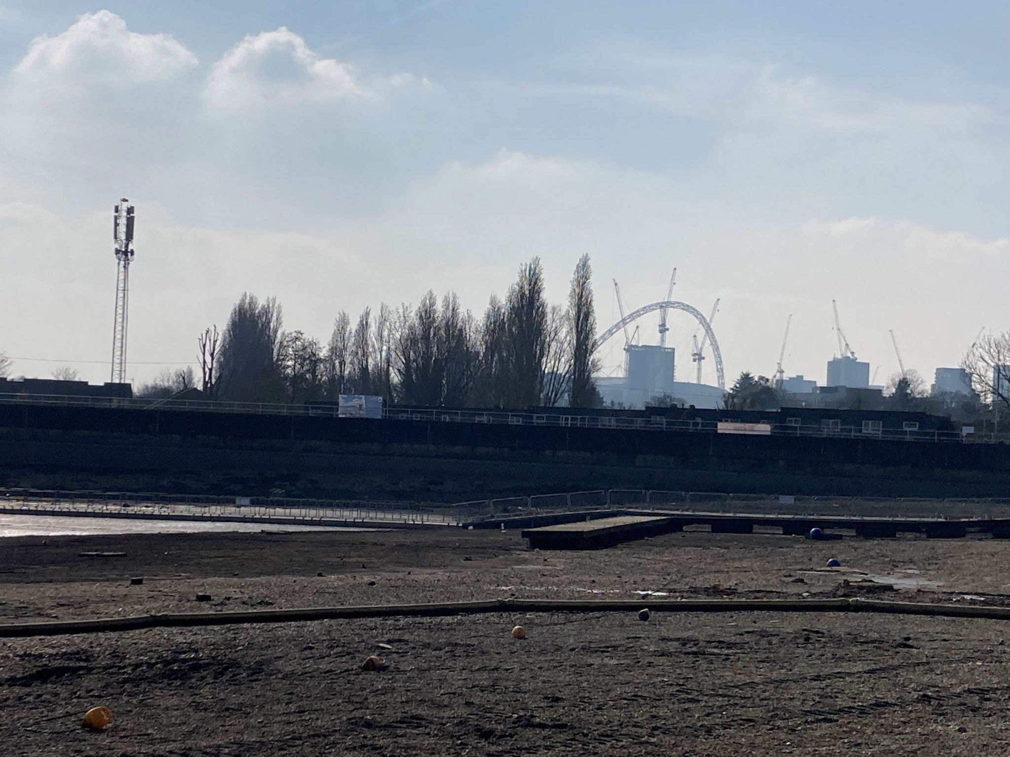 The Wembley Stadium arch as seen from the drained reservoir