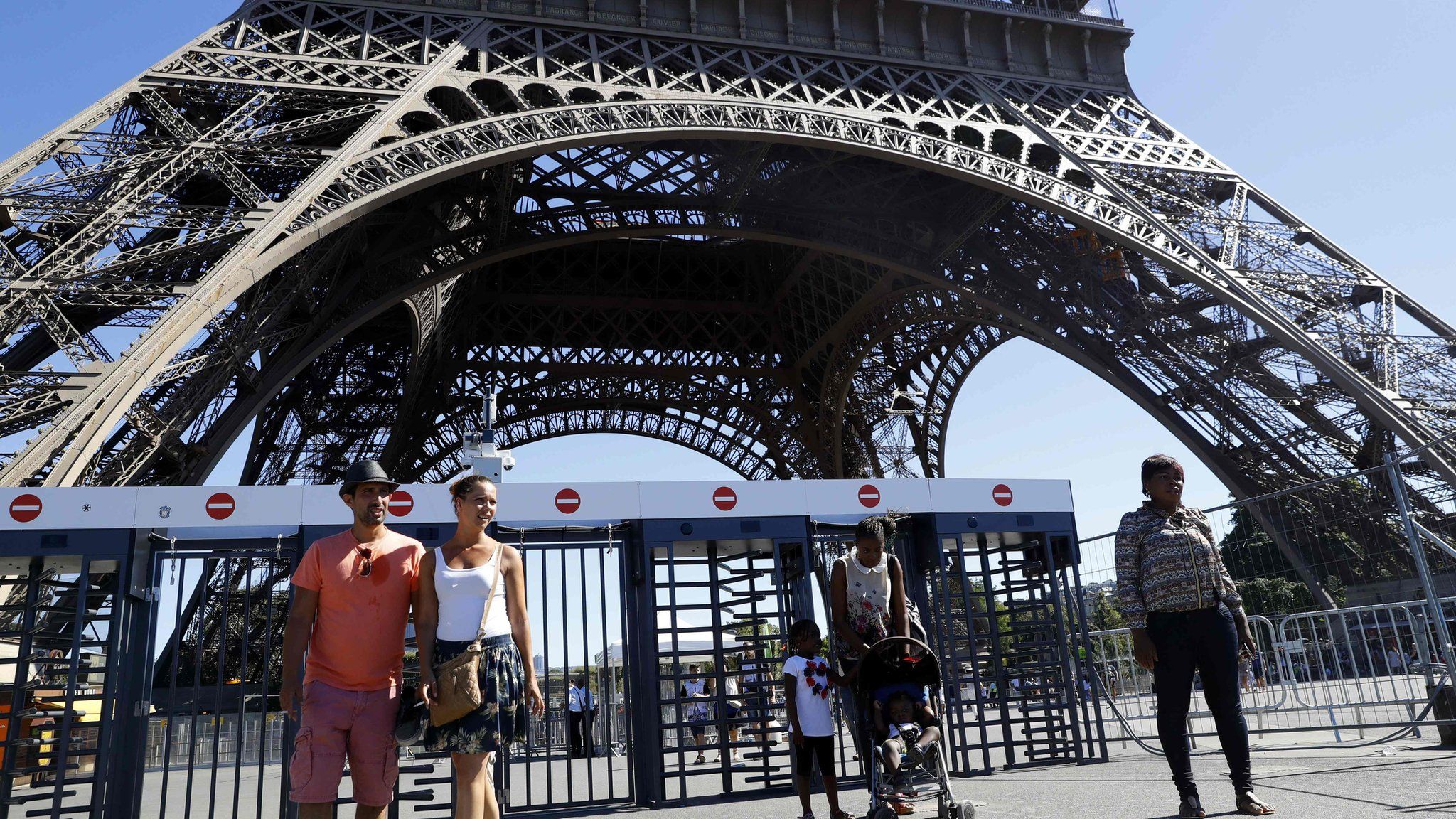 Security gates at the Eiffel Tower, Paris. 24 August 2016