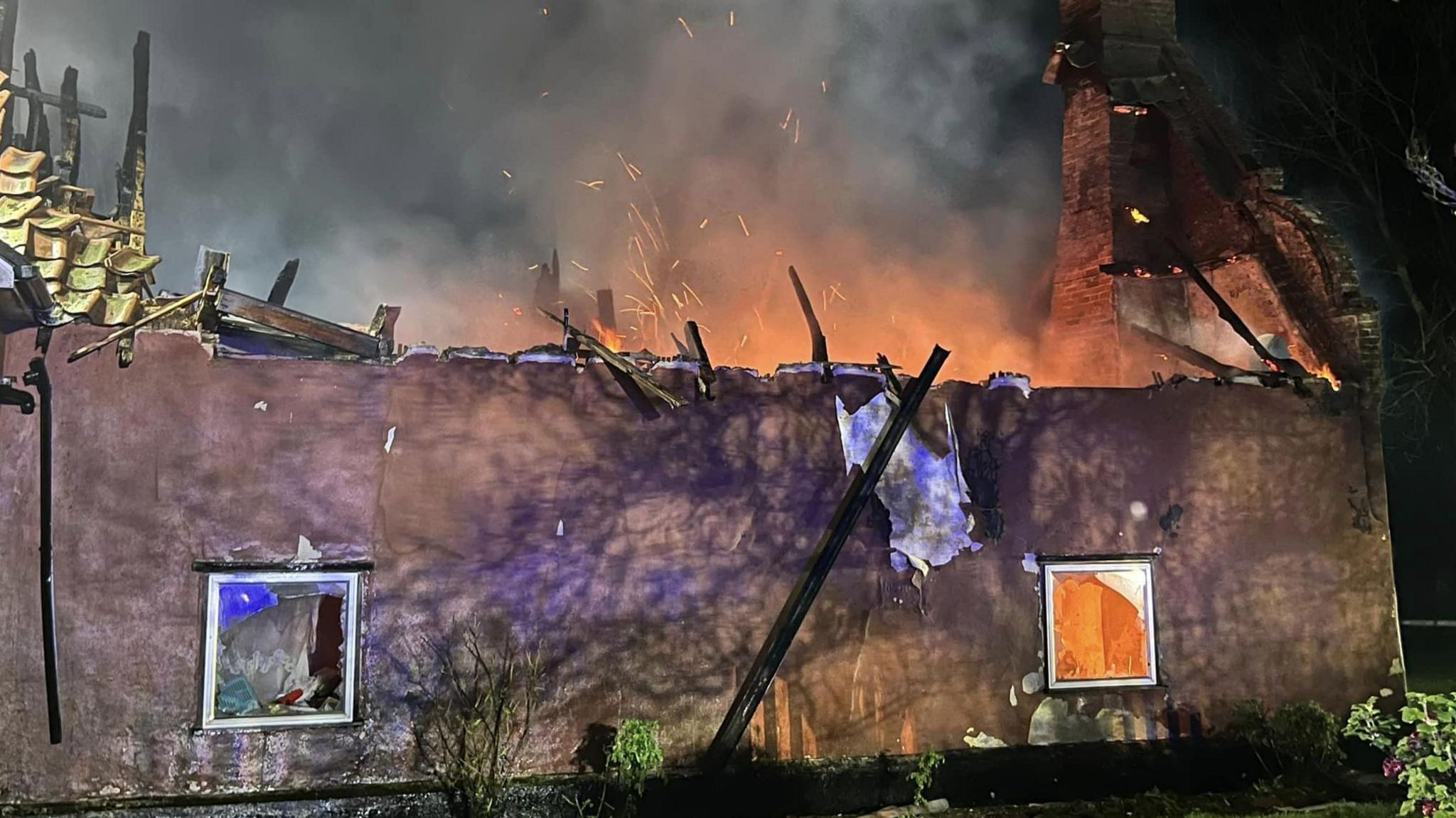 A farmhouse on fire in Saxmundham, Suffolk 