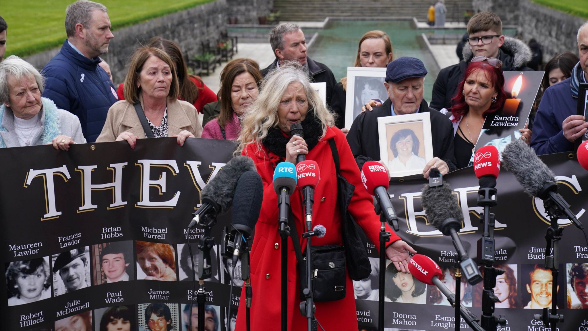Stardust survivor Antoinette Keegan, who lost her two sisters Mary and Martina, speaking to the media in front of survivors, family members and supporters in the Garden of Remembrance in Dublin
